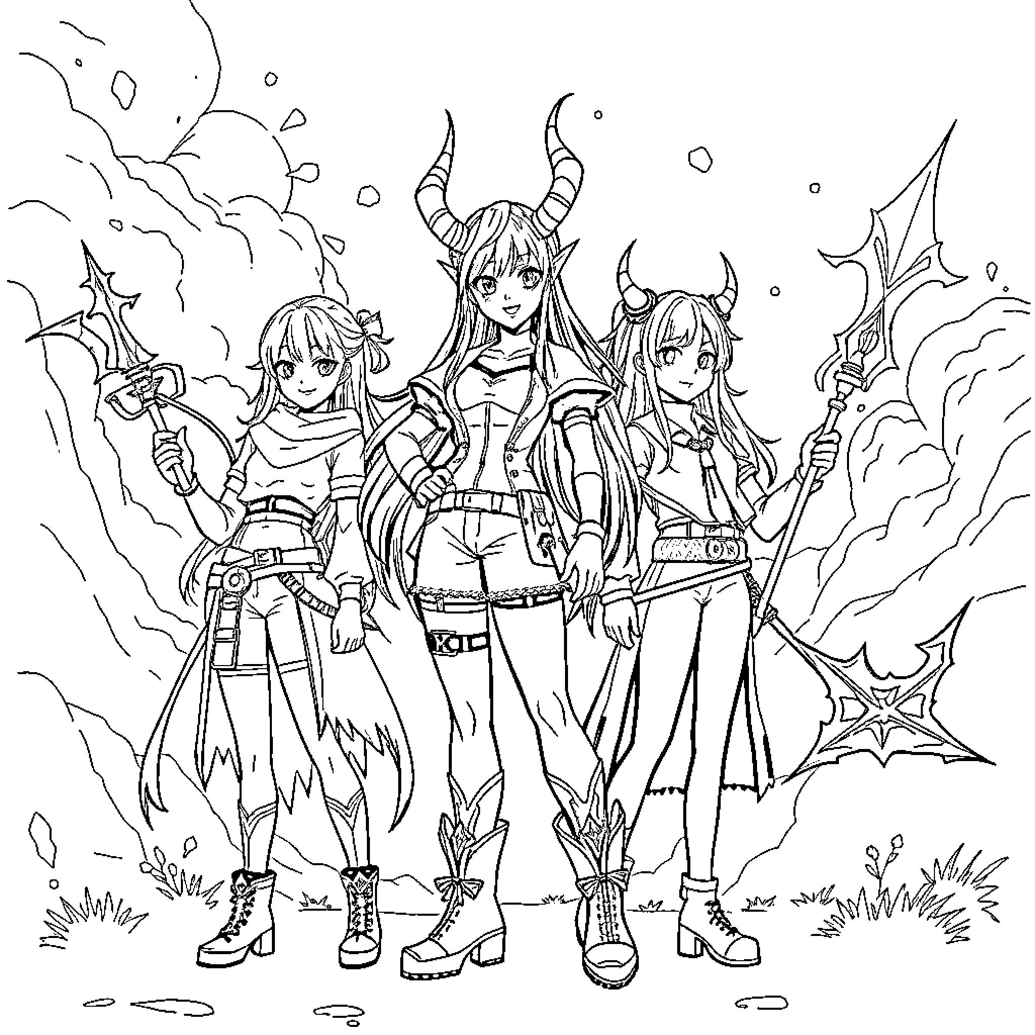 Kpop Demon Hunter Trio in Action Coloring Page (free black-and-white line drawing printable PDF for all, from beginners to advanced learners, including children, teens, adults, and seniors)