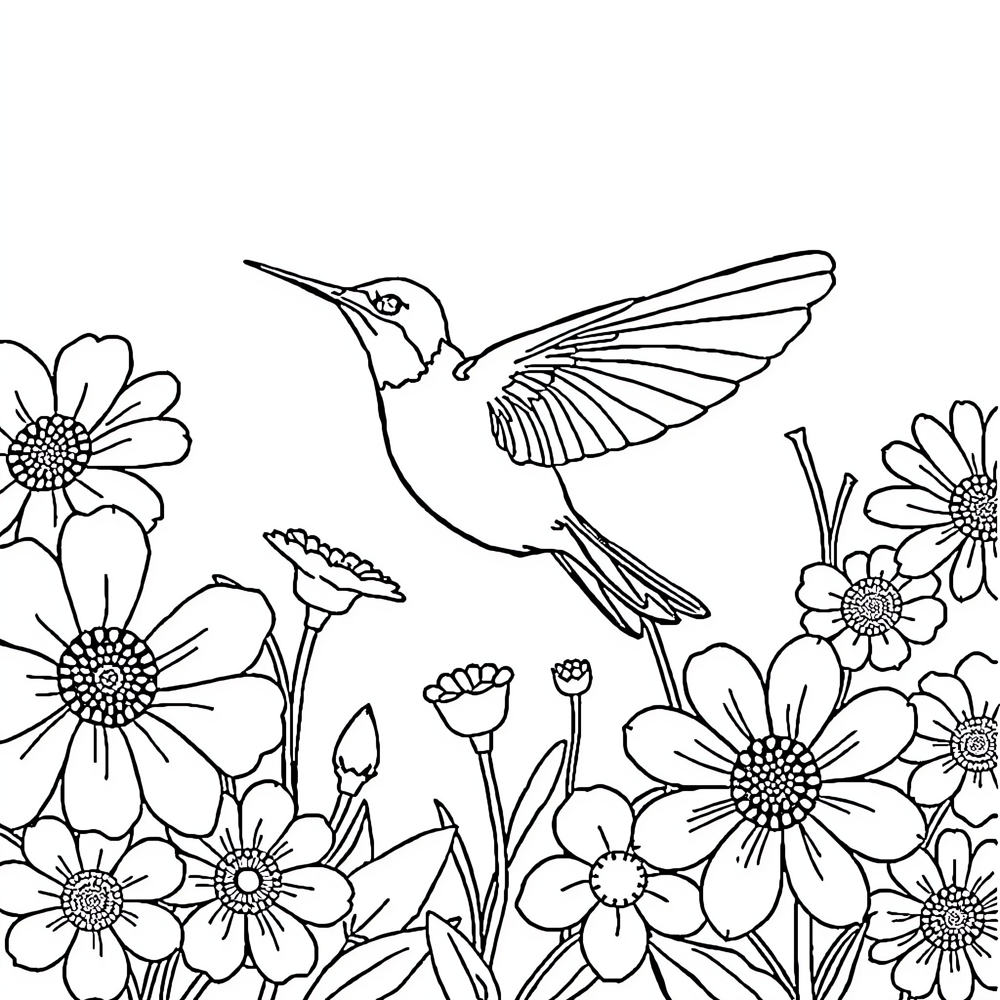Hummingbird Gracefully Soaring Amidst Blooming Flowers Coloring Page (free black-and-white line drawing printable PDF for all, from beginners to advanced learners, including children, teens, adults, and seniors)