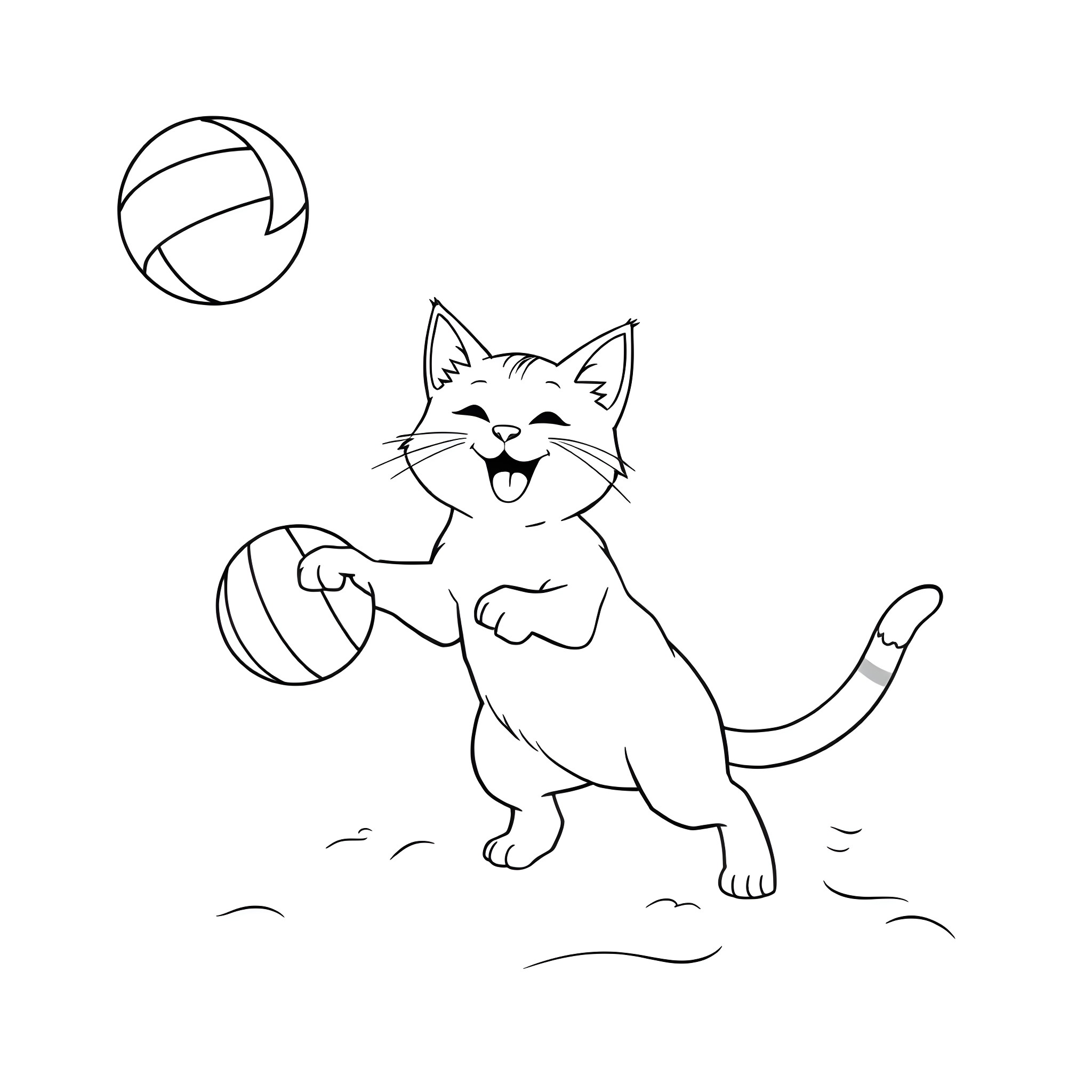 Cat playing with ball joyfully Coloring Page (free black-and-white line drawing printable PDF for all, from beginners to advanced learners, including children, teens, adults, and seniors)