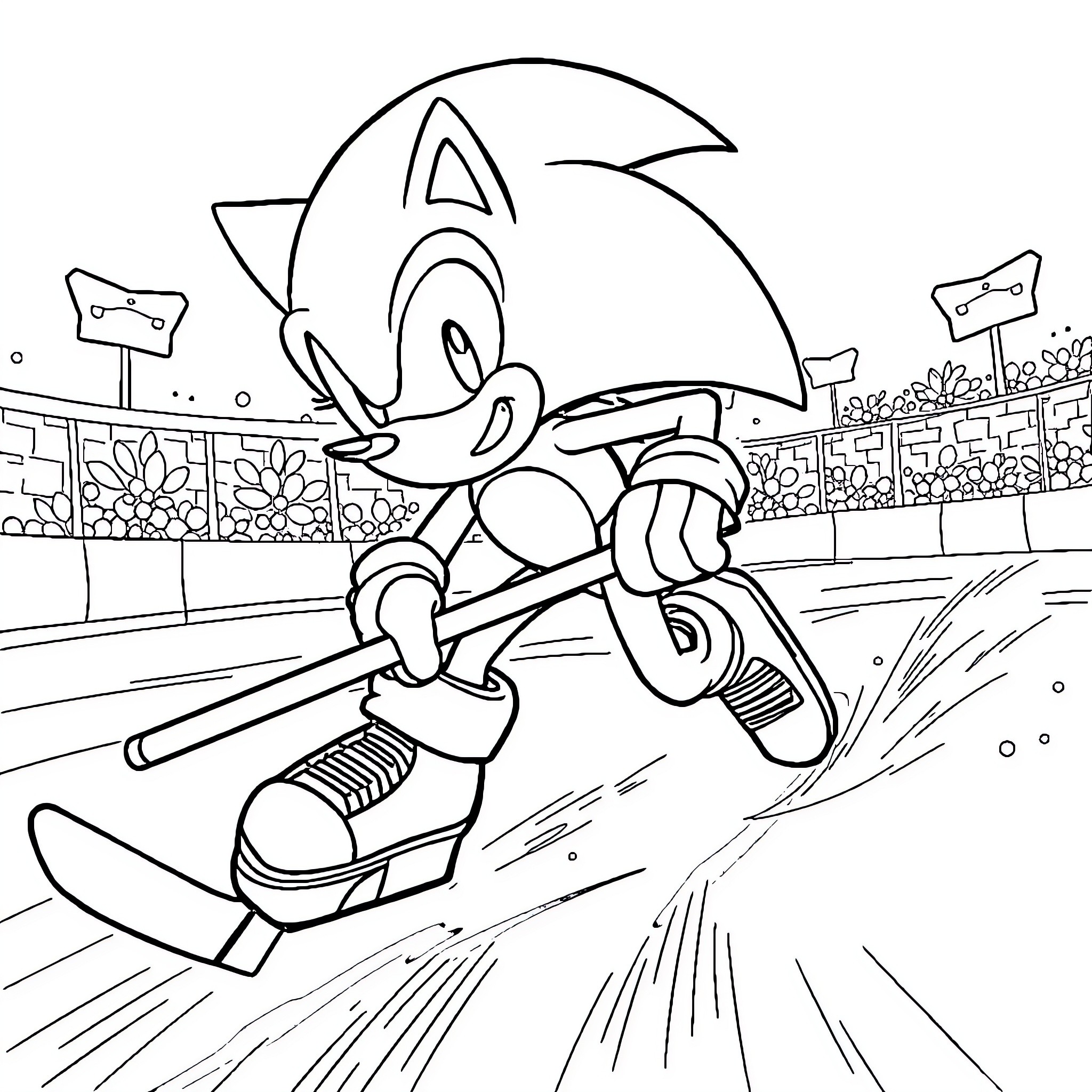 Sonic speeding through the stadium environment Coloring Page (free black-and-white line drawing printable PDF for all, from beginners to advanced learners, including children, teens, adults, and seniors)