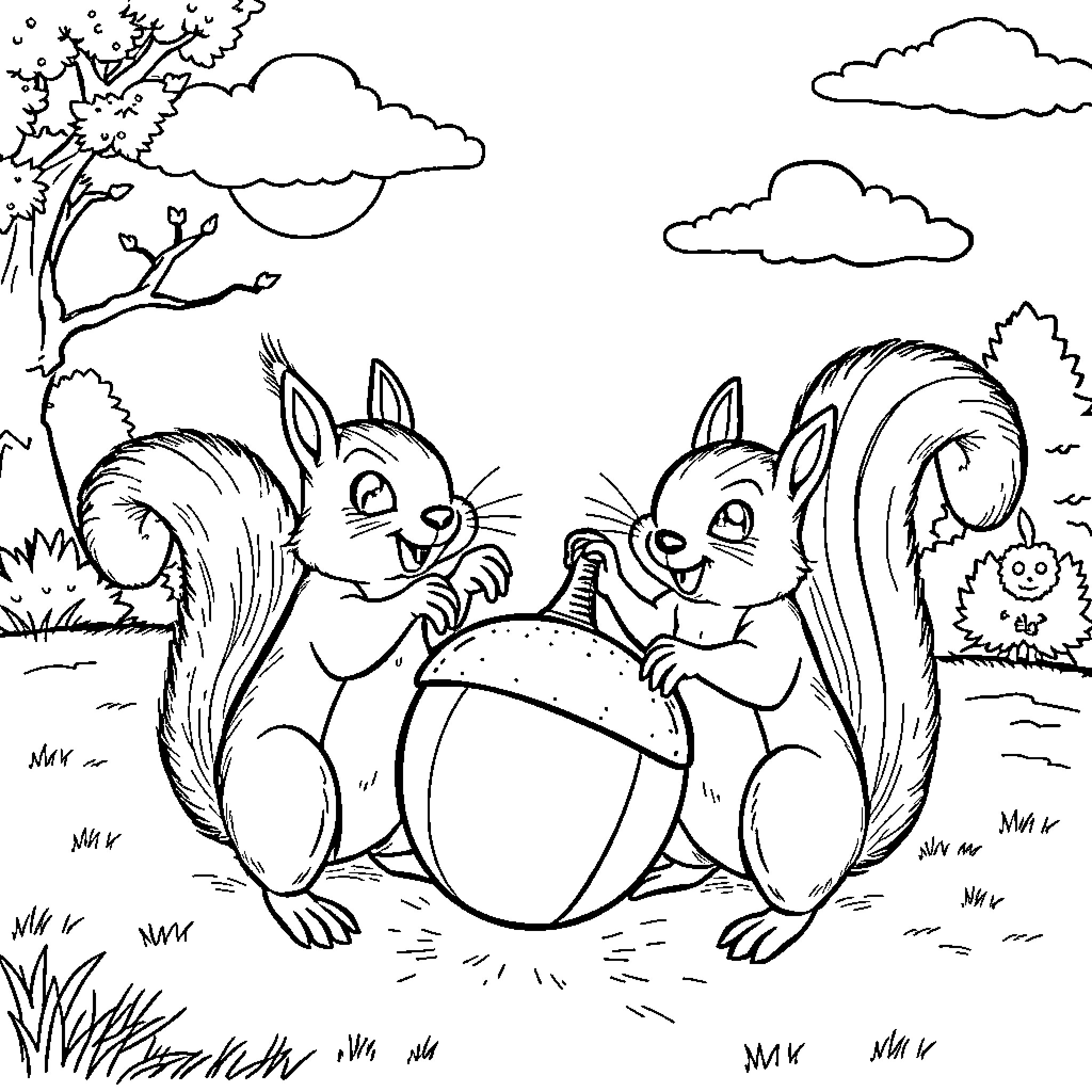 Squirrels playing with ball in forest Coloring Page (free black-and-white line drawing printable PDF for all, from beginners to advanced learners, including children, teens, adults, and seniors)