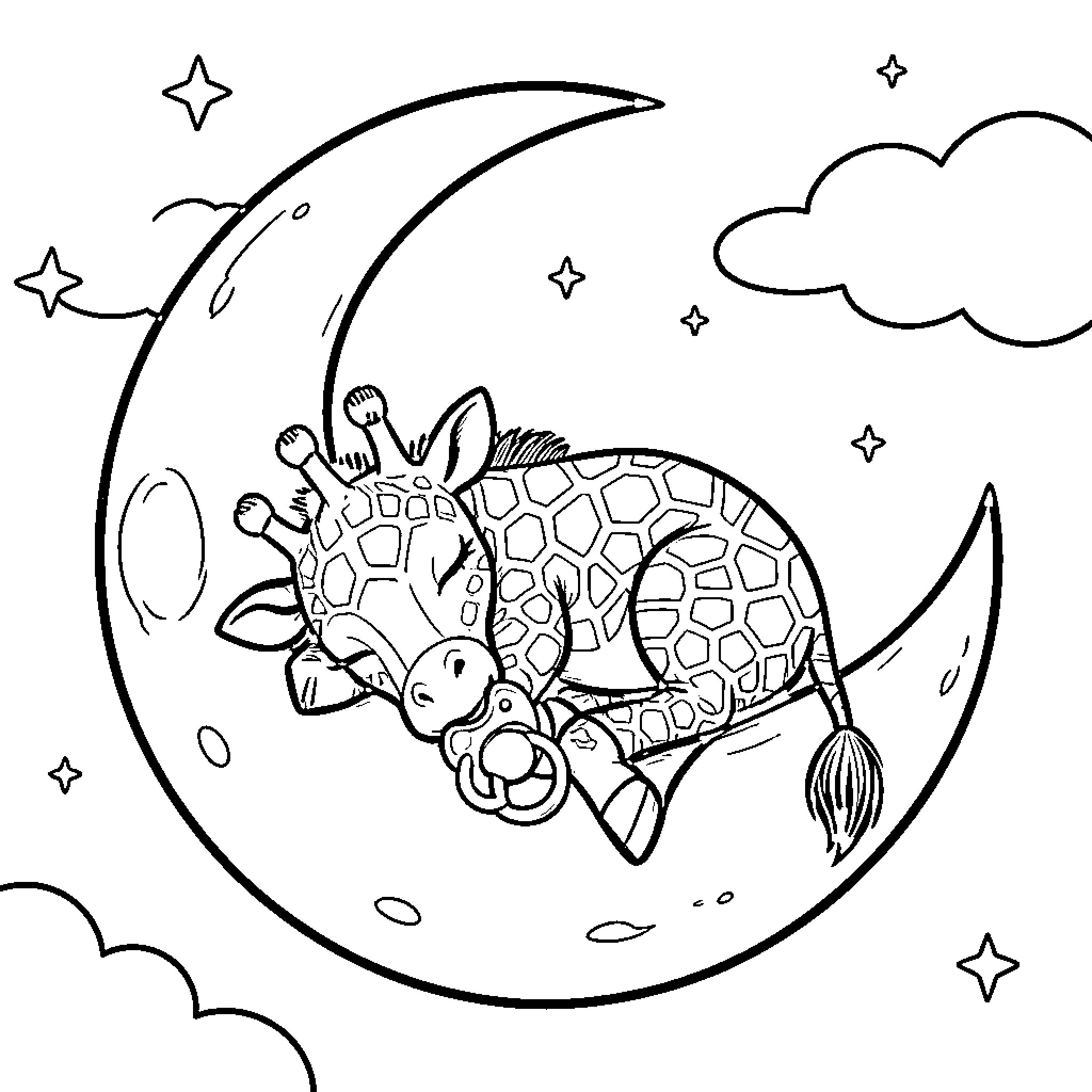 Giraffe sleeping peacefully on a crescent moon Coloring Page (free black-and-white line drawing printable PDF for all, from beginners to advanced learners, including children, teens, adults, and seniors)