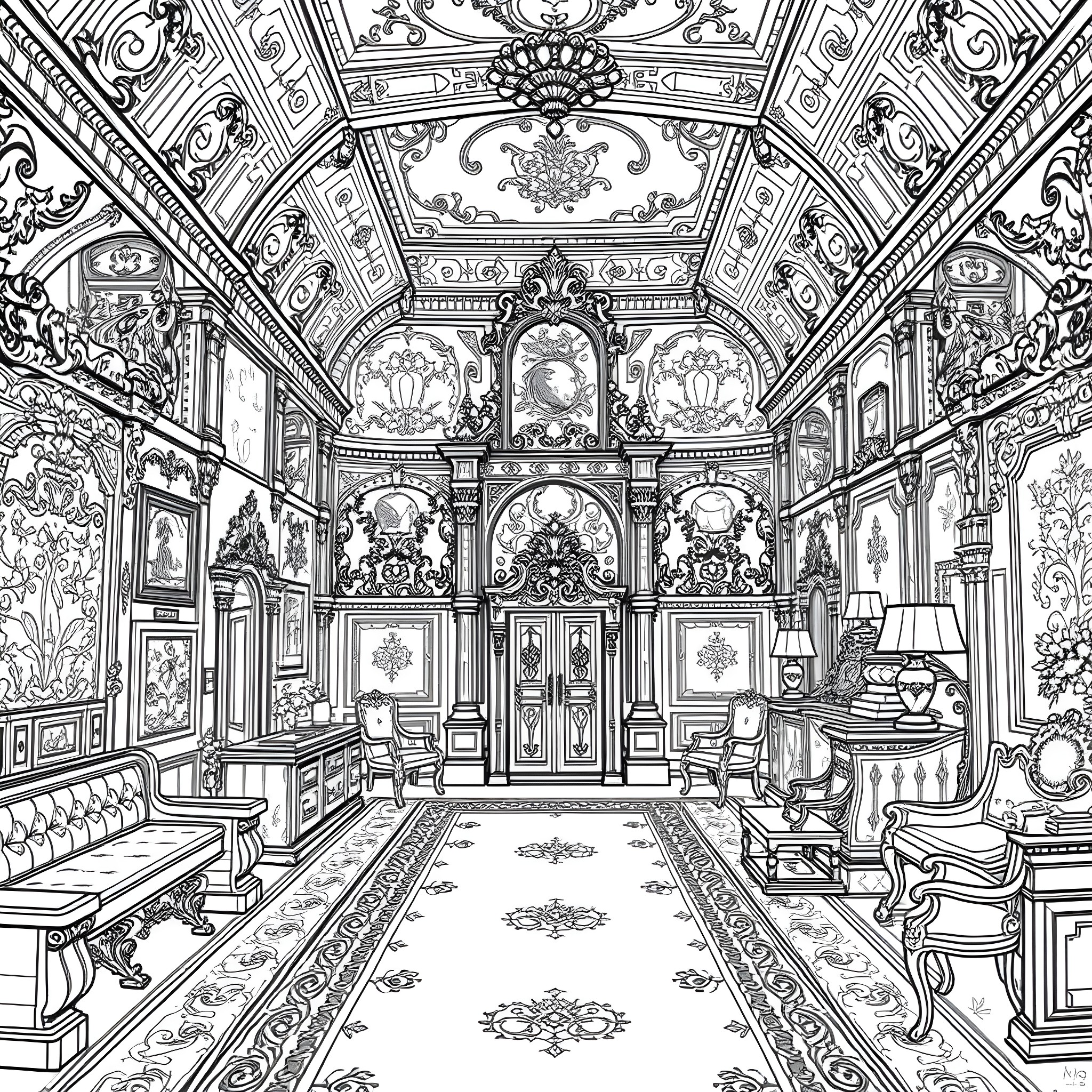 House of Ornate and Intricate Interior Design Coloring Page (free black-and-white line drawing printable PDF for all, from beginners to advanced learners, including children, teens, adults, and seniors)