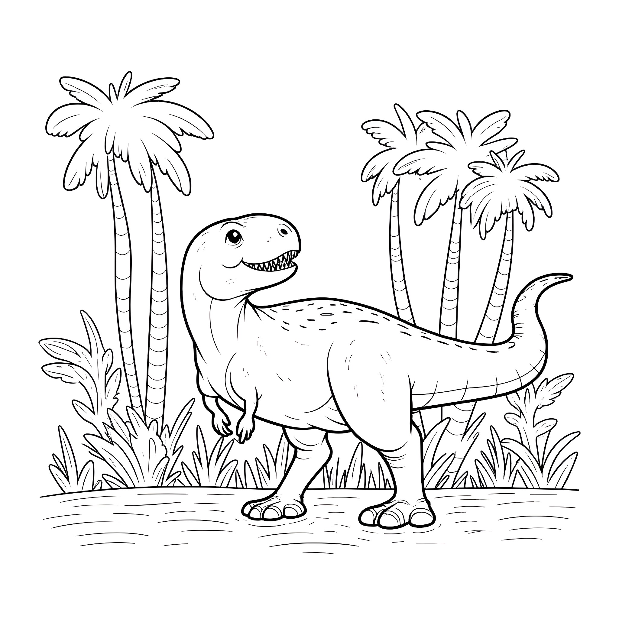T-Rex exploring tropical paradise Coloring Page (free black-and-white line drawing printable PDF for all, from beginners to advanced learners, including children, teens, adults, and seniors)