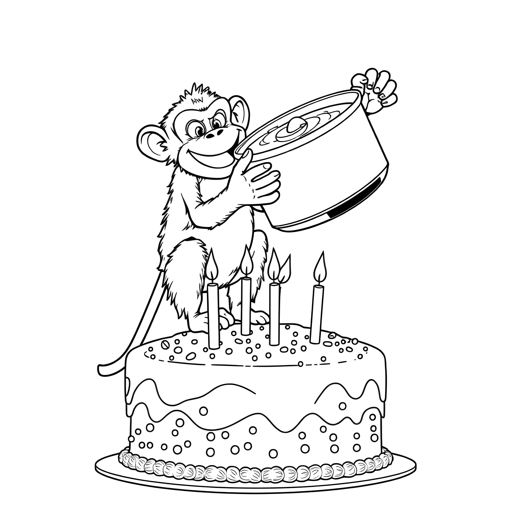 Monkey Celebrating Birthday with Cake and Candles Coloring Page (free black-and-white line drawing printable PDF for all, from beginners to advanced learners, including children, teens, adults, and seniors)
