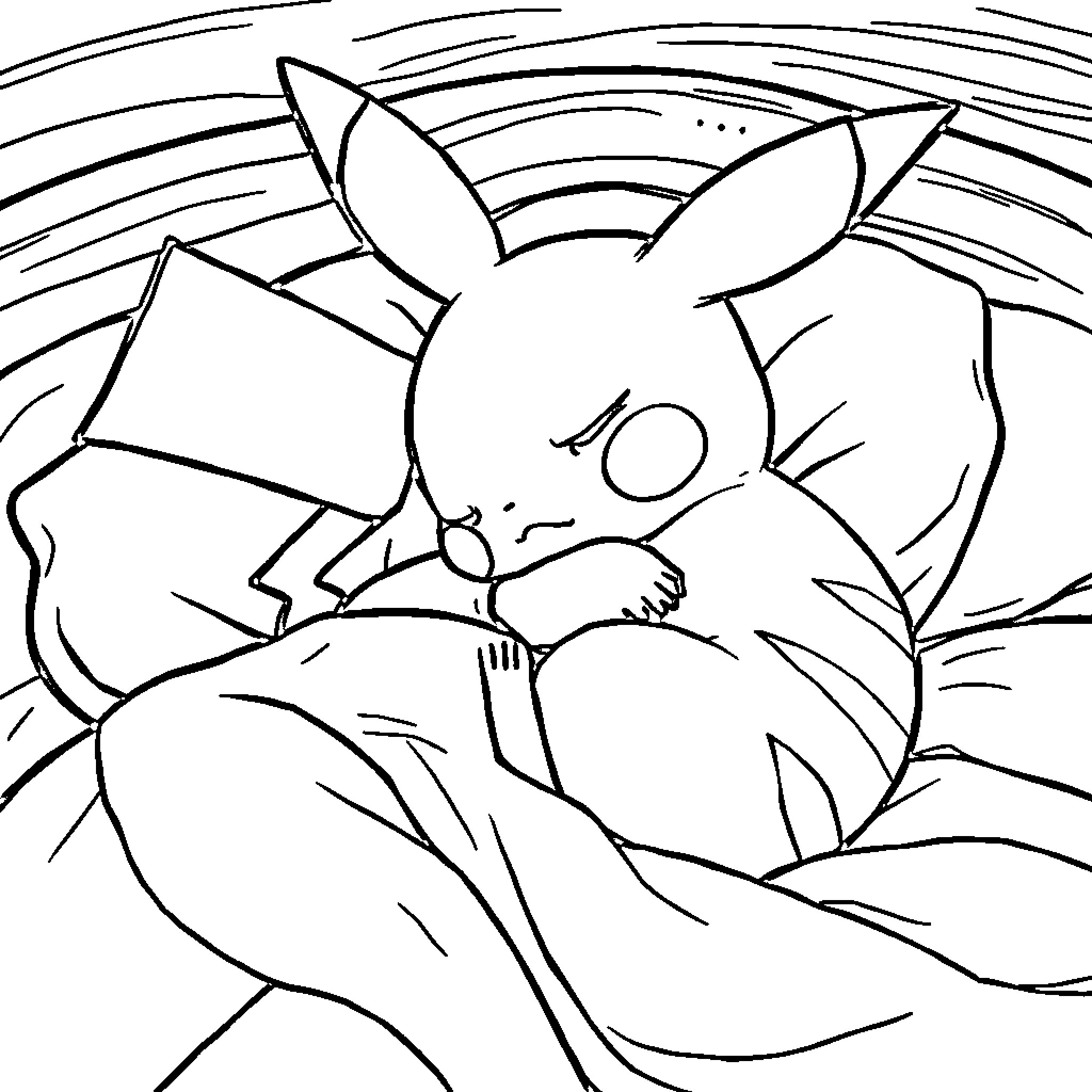 Pikachu sleeping peacefully in the night Coloring Page (free black-and-white line drawing printable PDF for all, from beginners to advanced learners, including children, teens, adults, and seniors)