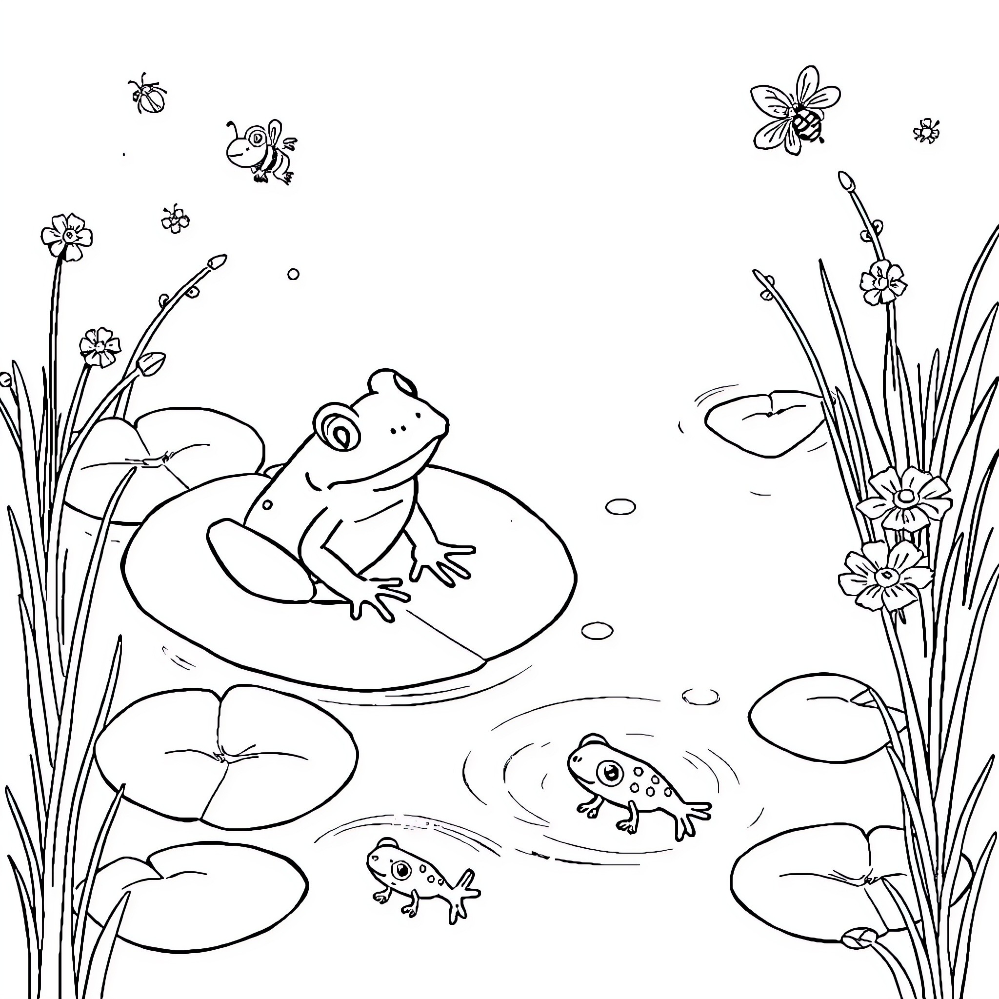 Bug friends frolicking in the lily pond Coloring Page (free black-and-white line drawing printable PDF for all, from beginners to advanced learners, including children, teens, adults, and seniors)
