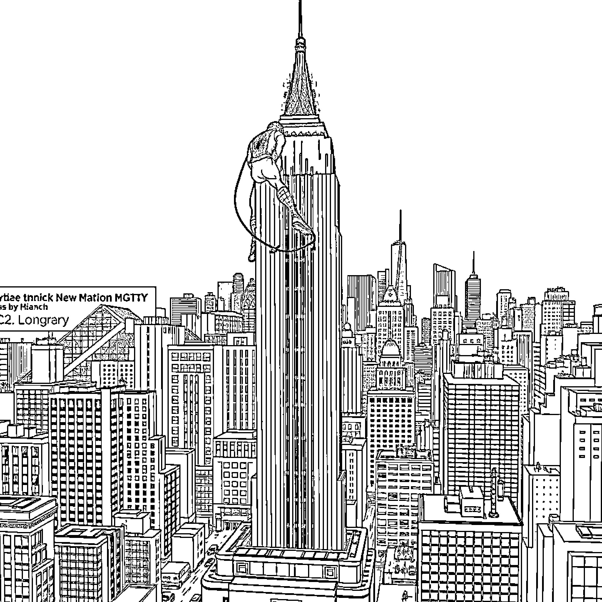 Spiderman swinging over the iconic New York City skyline Coloring Page (free black-and-white line drawing printable PDF for all, from beginners to advanced learners, including children, teens, adults, and seniors)