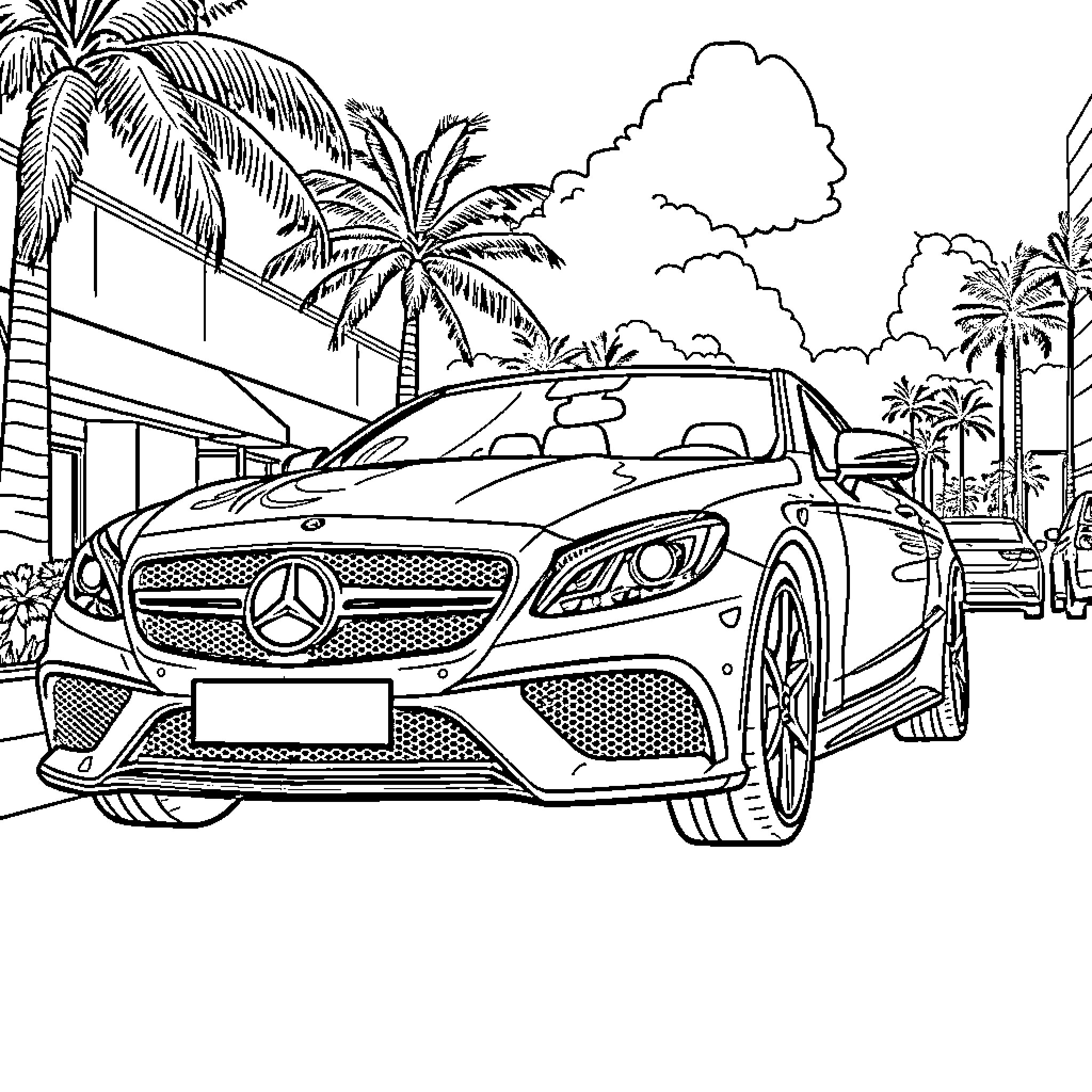 Mercedes Luxury Sports Car in Tropical Landscape Coloring Page (free black-and-white line drawing printable PDF for all, from beginners to advanced learners, including children, teens, adults, and seniors)