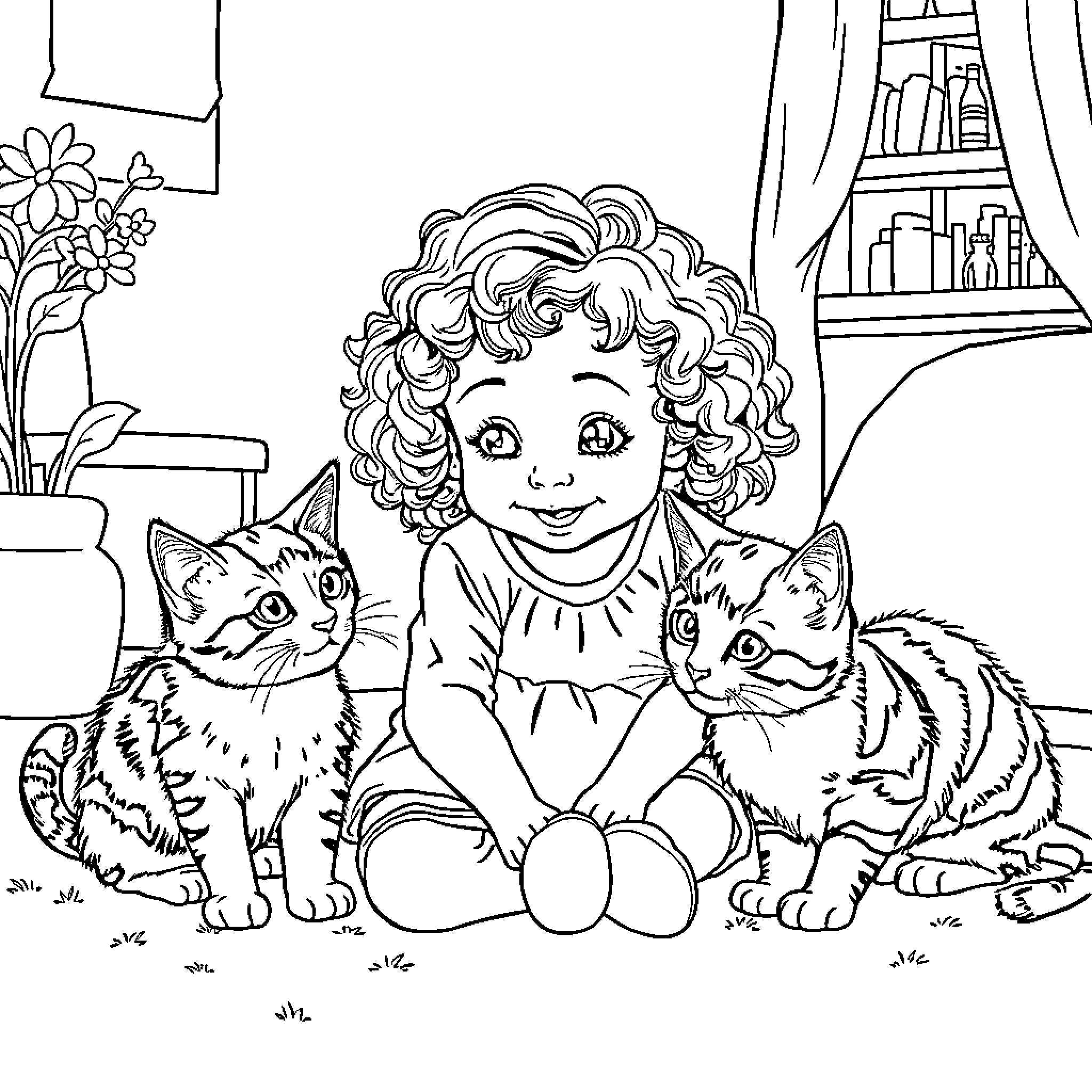Girl playing with kittens in her room Coloring Page (free black-and-white line drawing printable PDF for all, from beginners to advanced learners, including children, teens, adults, and seniors)