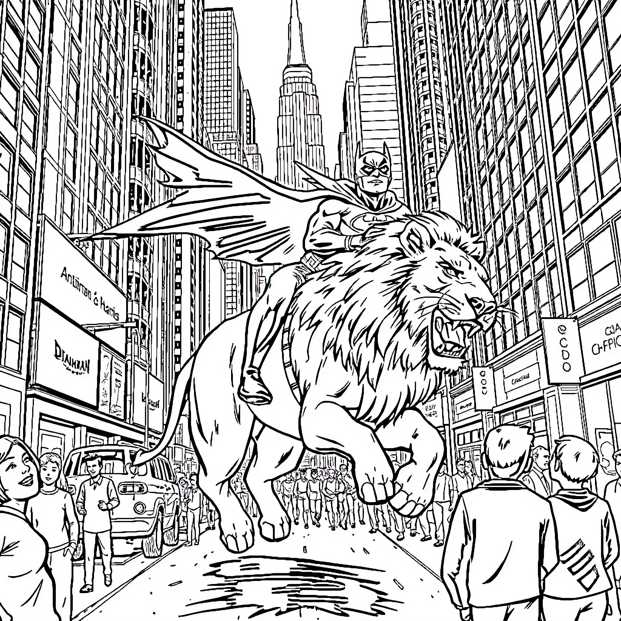 Lion heroically soars over busy city streets Coloring Page (free black-and-white line drawing printable PDF for all, from beginners to advanced learners, including children, teens, adults, and seniors)