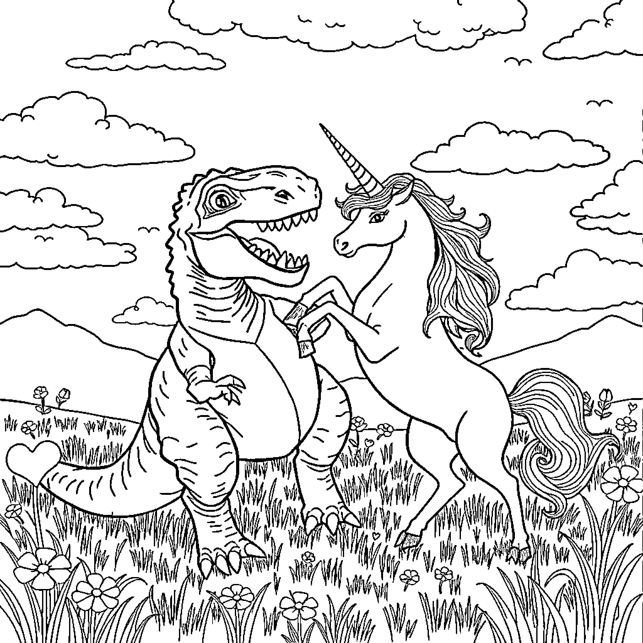 Dinosaur and Unicorn Encounter in Meadow Coloring Page (free black-and-white line drawing printable PDF for all, from beginners to advanced learners, including children, teens, adults, and seniors)
