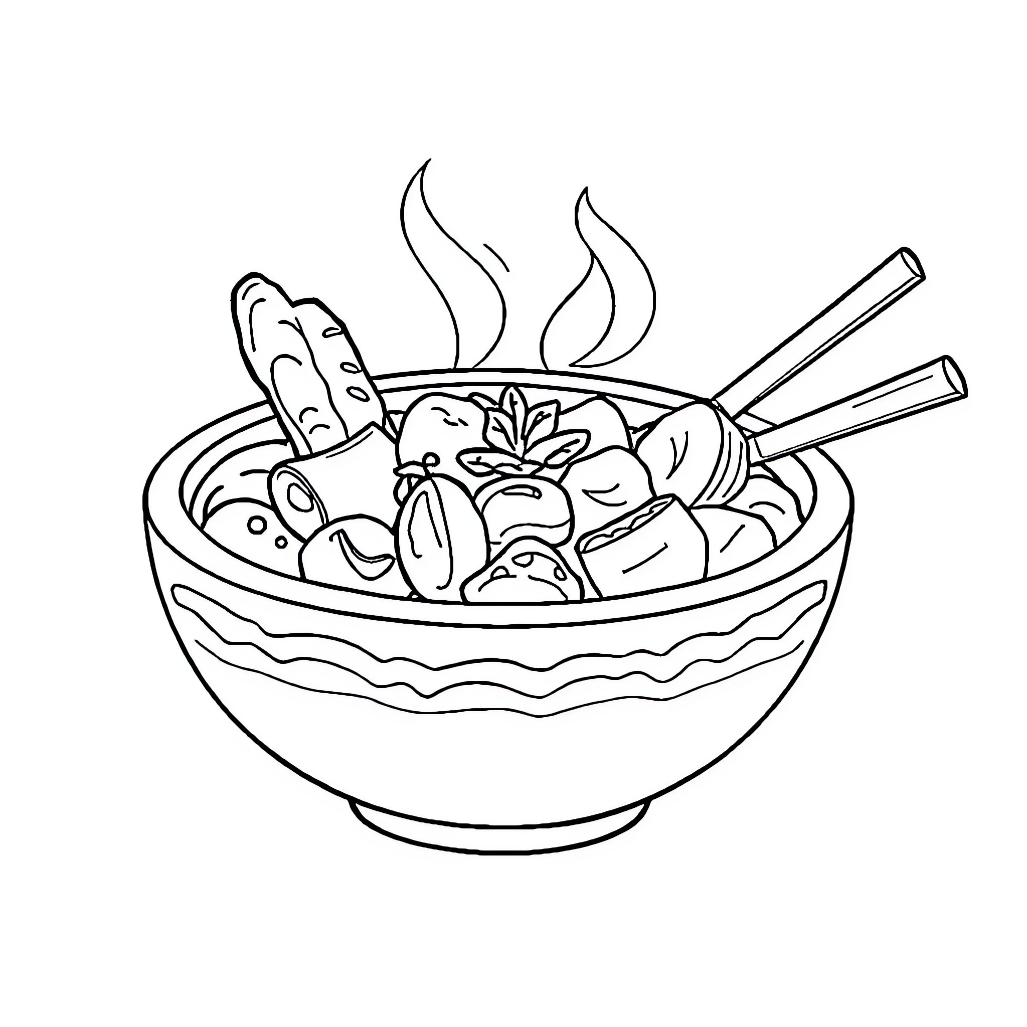 Food items in a steaming hot bowl Coloring Page (free black-and-white line drawing printable PDF for all, from beginners to advanced learners, including children, teens, adults, and seniors)