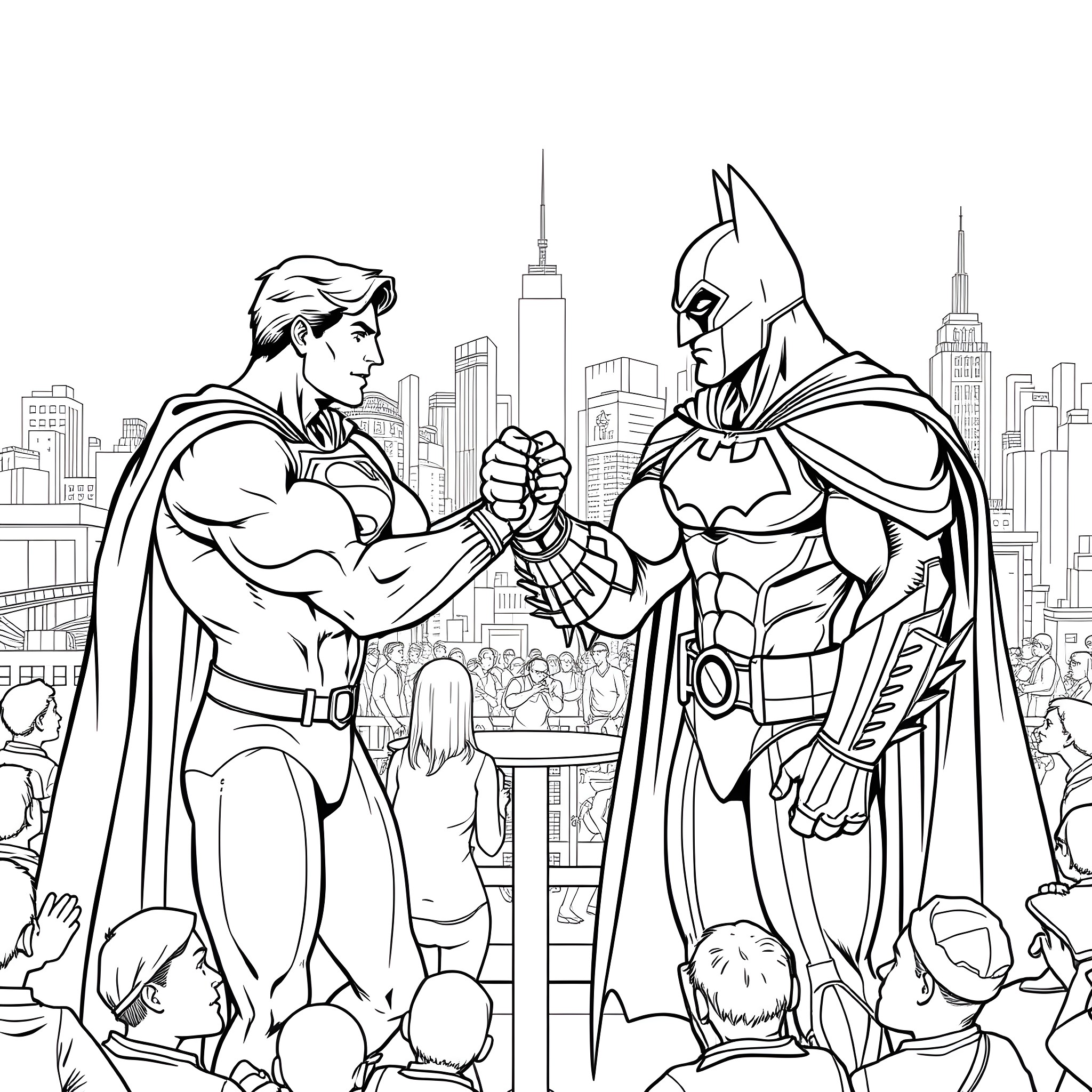 Superman and Batman shaking hands in front of a city skyline Coloring Page (free black-and-white line drawing printable PDF for all, from beginners to advanced learners, including children, teens, adults, and seniors)