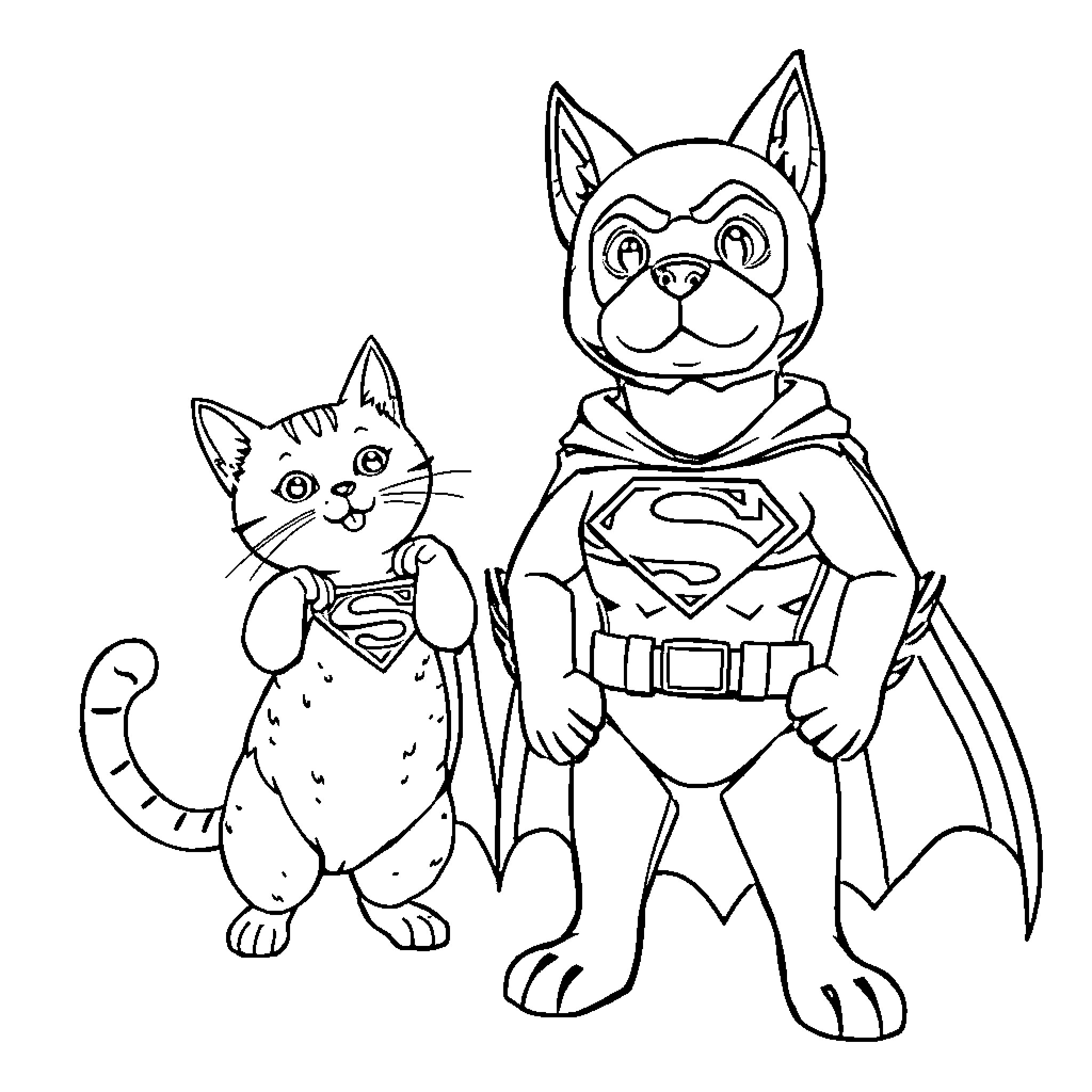 Dog and Cat Superheroes in Costume Coloring Page (free black-and-white line drawing printable PDF for all, from beginners to advanced learners, including children, teens, adults, and seniors)