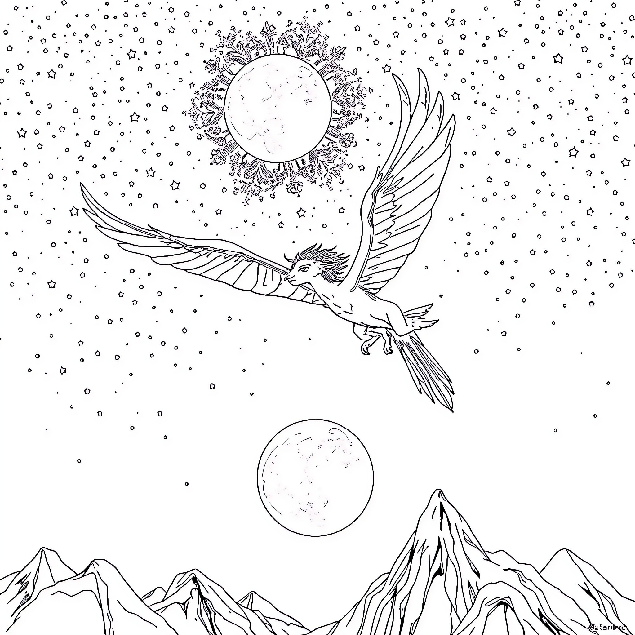 Feyre's Winged Companion in the Starry Night Coloring Page (free black-and-white line drawing printable PDF for all, from beginners to advanced learners, including children, teens, adults, and seniors)