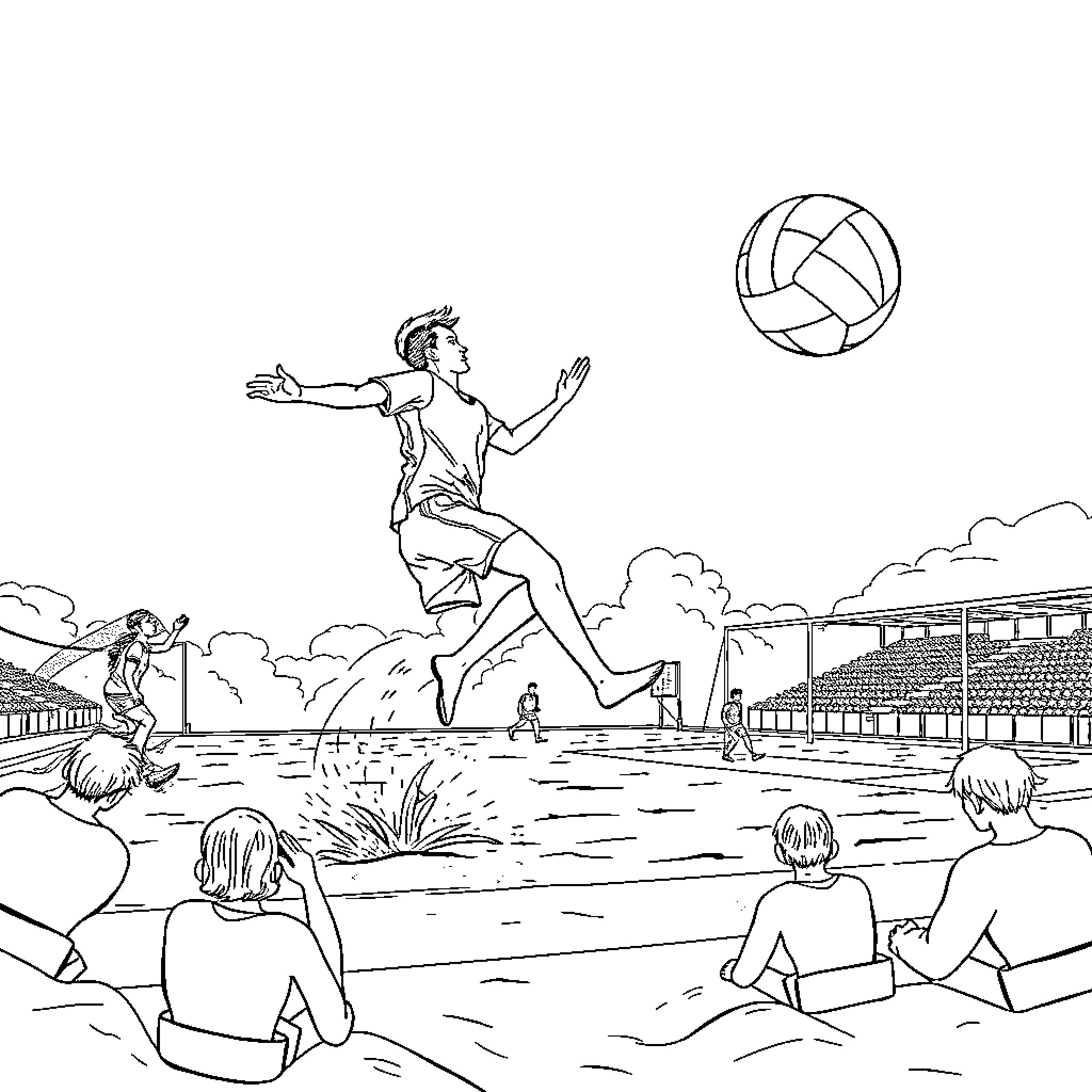 Justice League players competing in a volleyball match Coloring Page (free black-and-white line drawing printable PDF for all, from beginners to advanced learners, including children, teens, adults, and seniors)