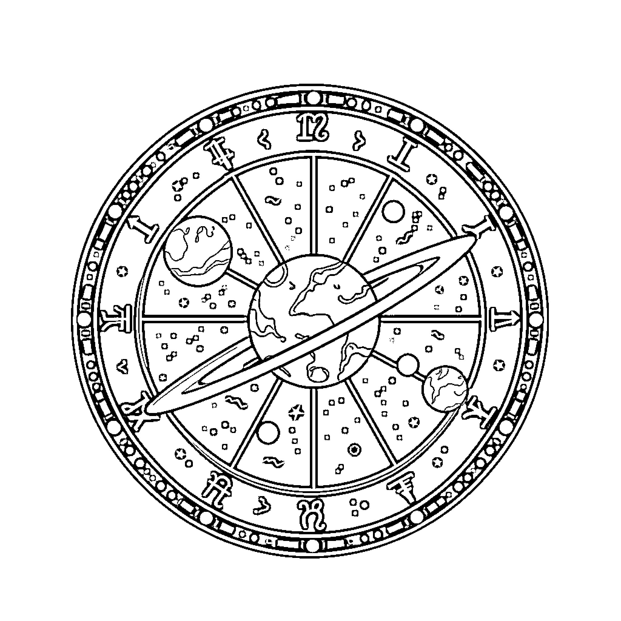 Astrology celestial objects in cosmic pattern Coloring Page (free black-and-white line drawing printable PDF for all, from beginners to advanced learners, including children, teens, adults, and seniors)