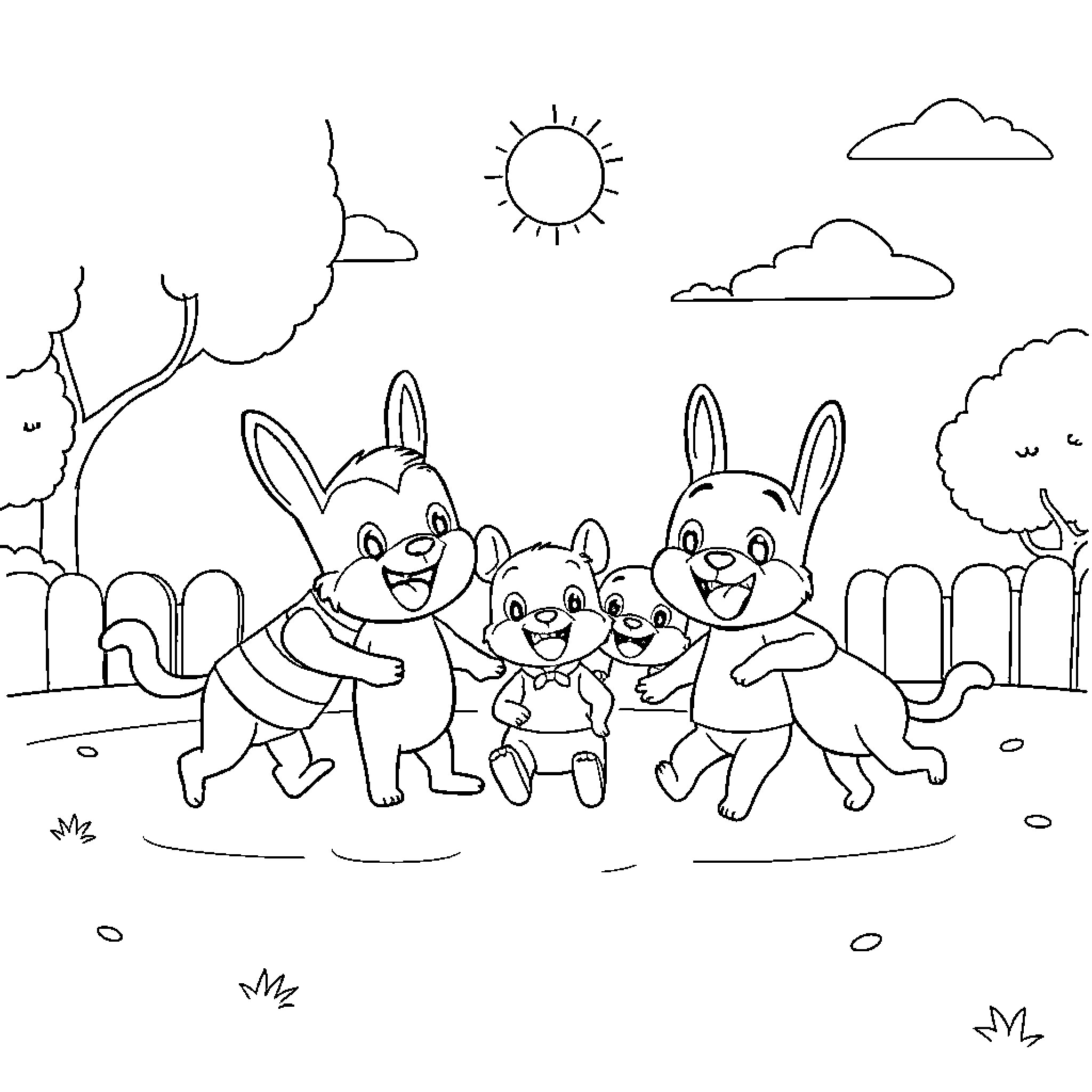 Tchoupi and friends playing happily outdoors Coloring Page (free black-and-white line drawing printable PDF for all, from beginners to advanced learners, including children, teens, adults, and seniors)