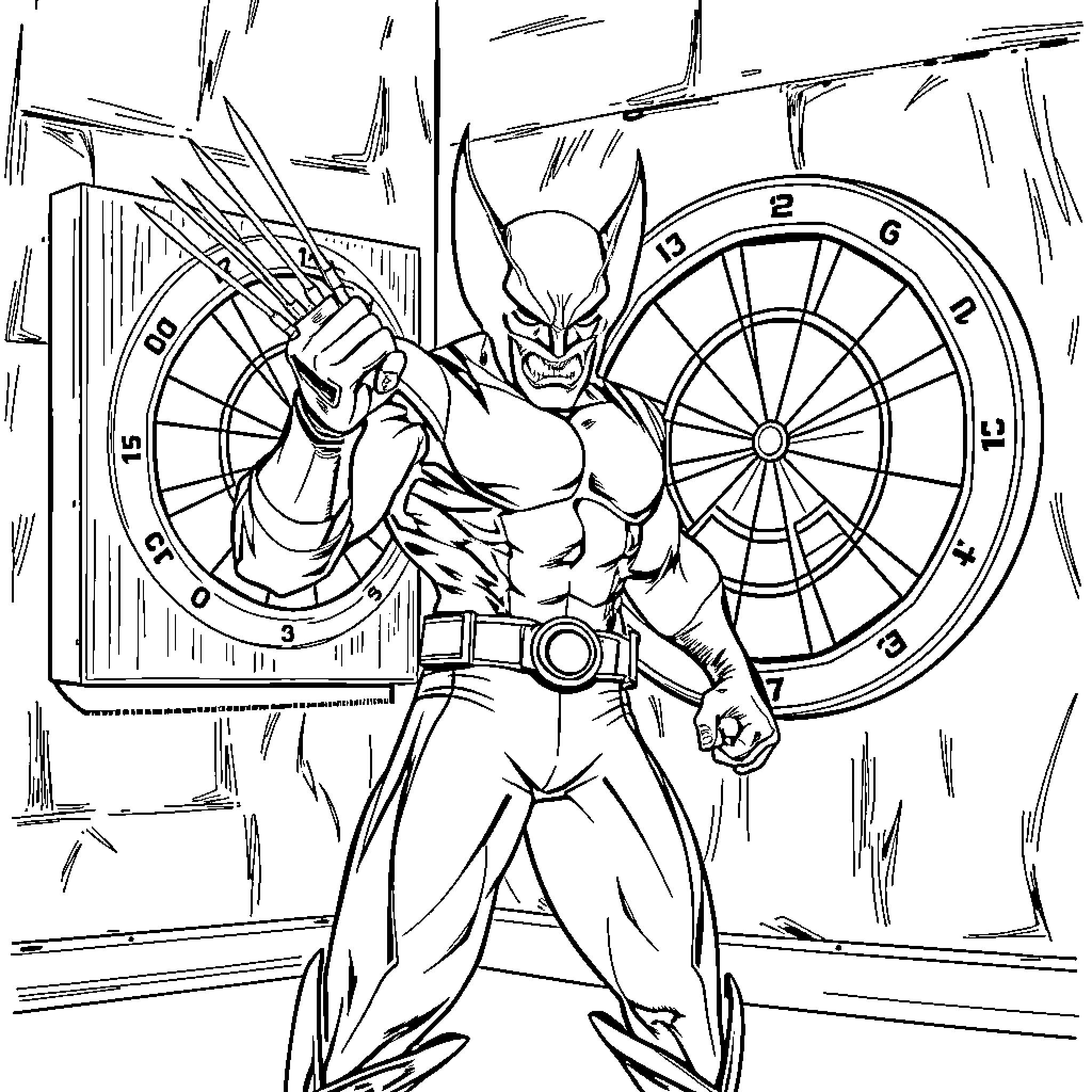 Wolverine standing in action pose with dart board Coloring Page (free black-and-white line drawing printable PDF for all, from beginners to advanced learners, including children, teens, adults, and seniors)
