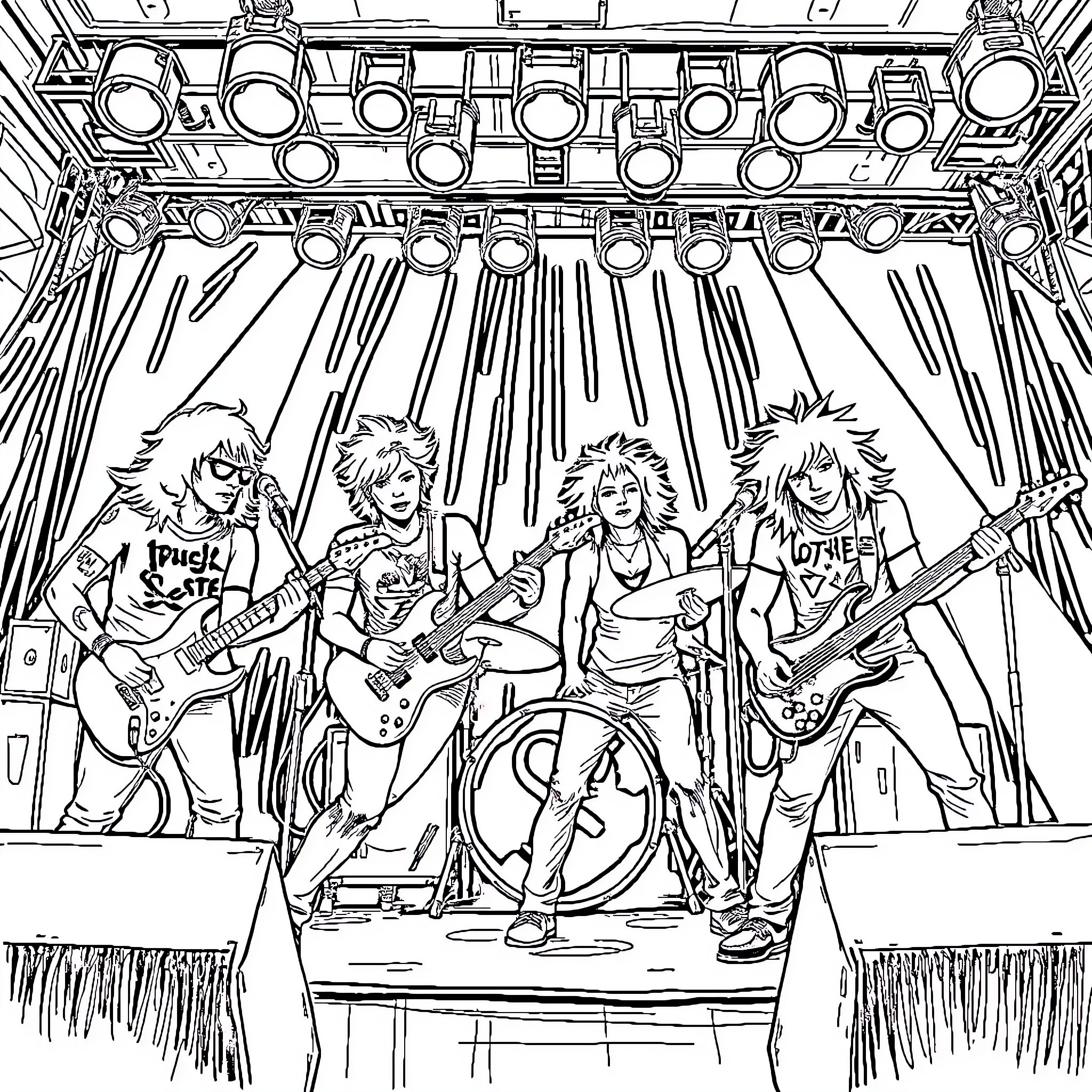Punk Band Performing on Stage with Energetic Expressions Coloring Page (free black-and-white line drawing printable PDF for all, from beginners to advanced learners, including children, teens, adults, and seniors)