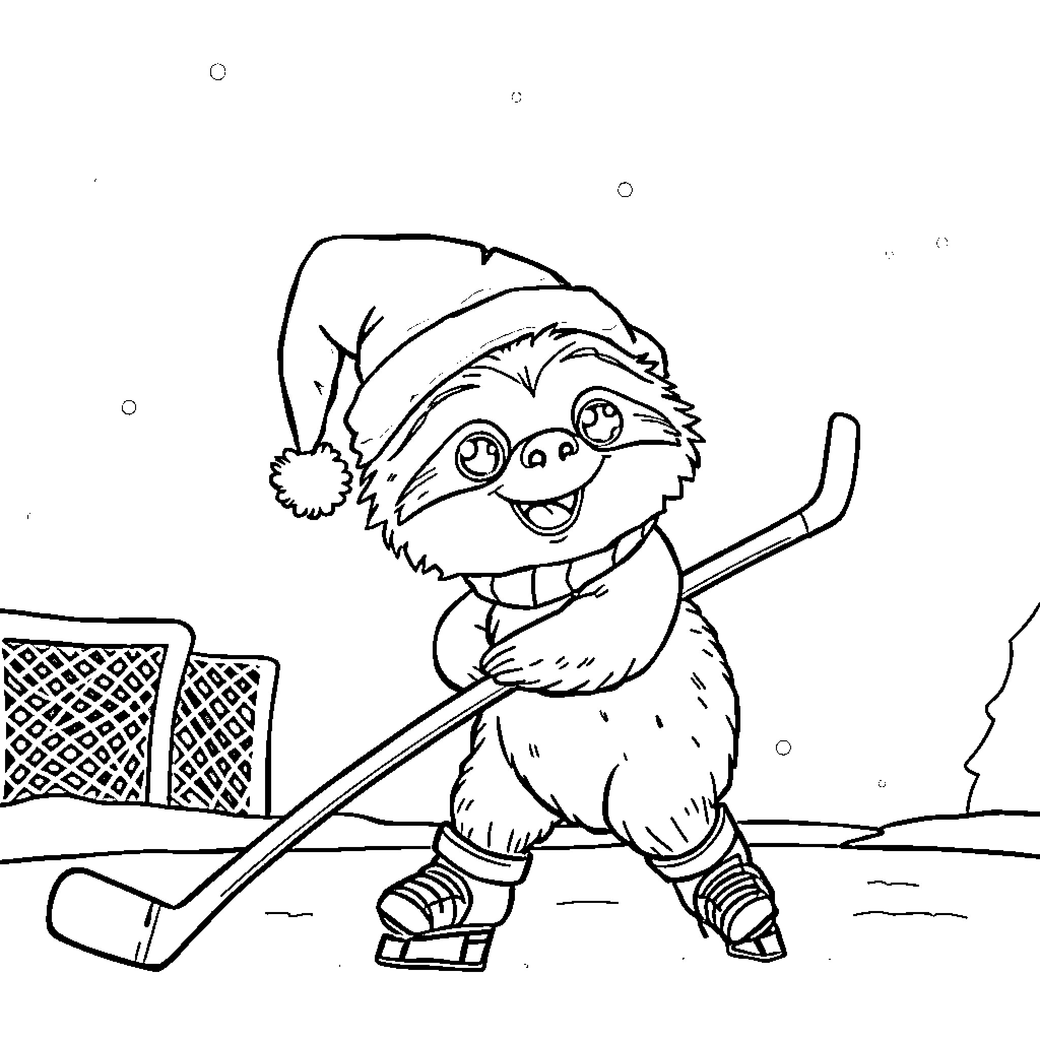 Sloth playing hockey in winter wonderland Coloring Page (free black-and-white line drawing printable PDF for all, from beginners to advanced learners, including children, teens, adults, and seniors)