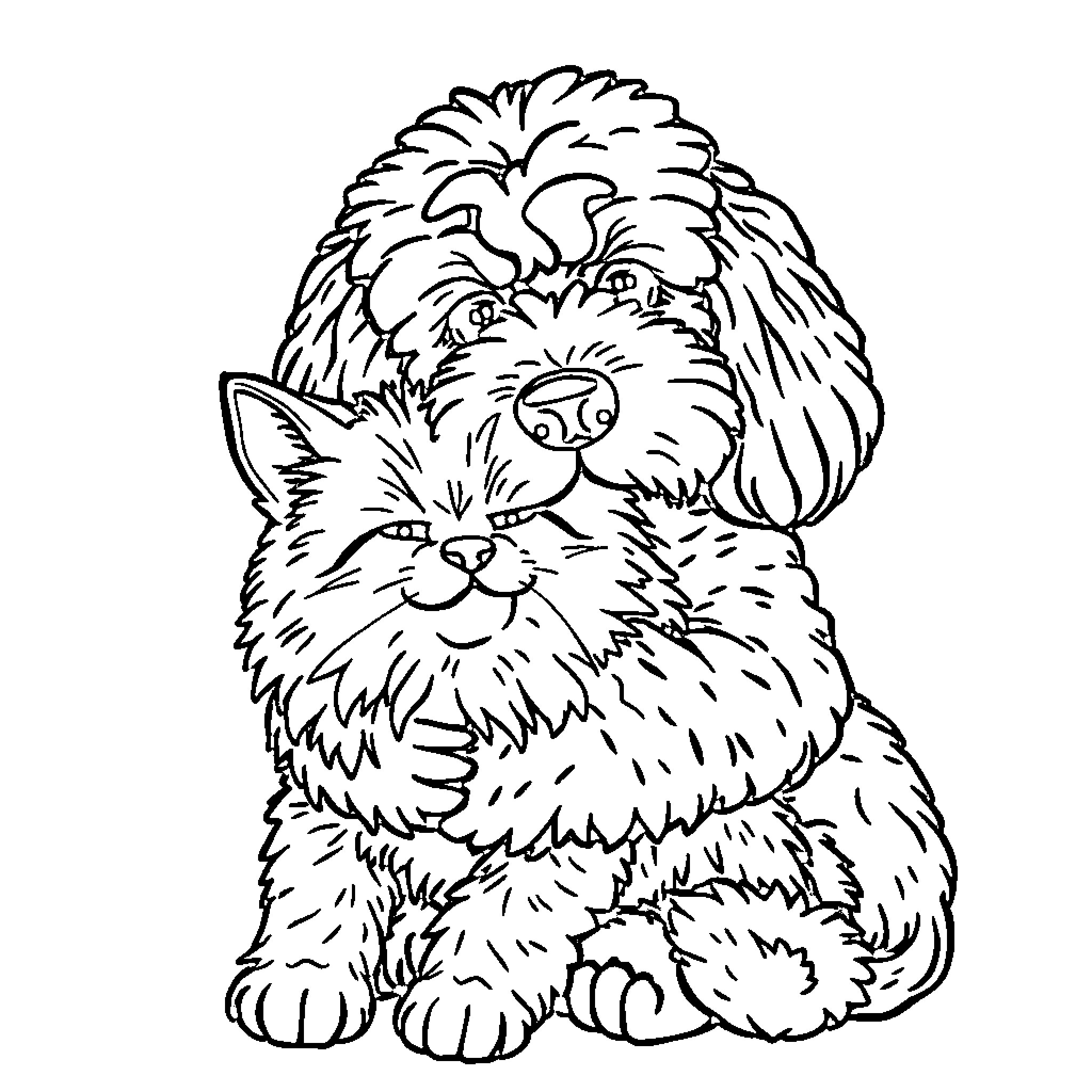 Irish Doodle dog sitting and looking happy Coloring Page (free black-and-white line drawing printable PDF for all, from beginners to advanced learners, including children, teens, adults, and seniors)