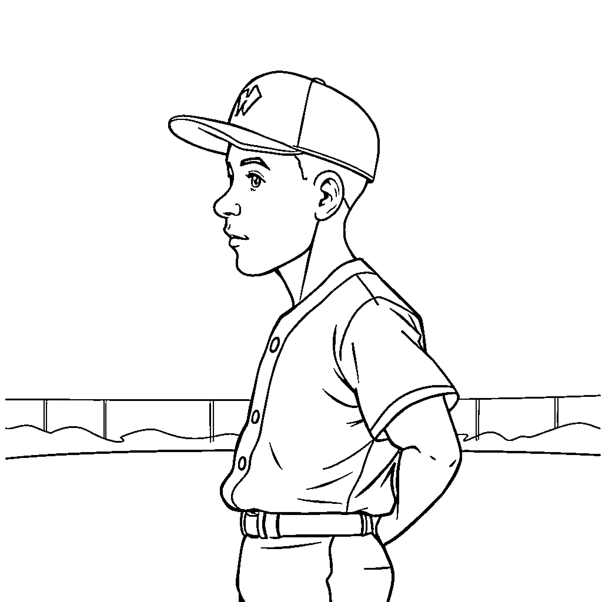 Baseball Player in Uniform on the Field Coloring Page (free black-and-white line drawing printable PDF for all, from beginners to advanced learners, including children, teens, adults, and seniors)