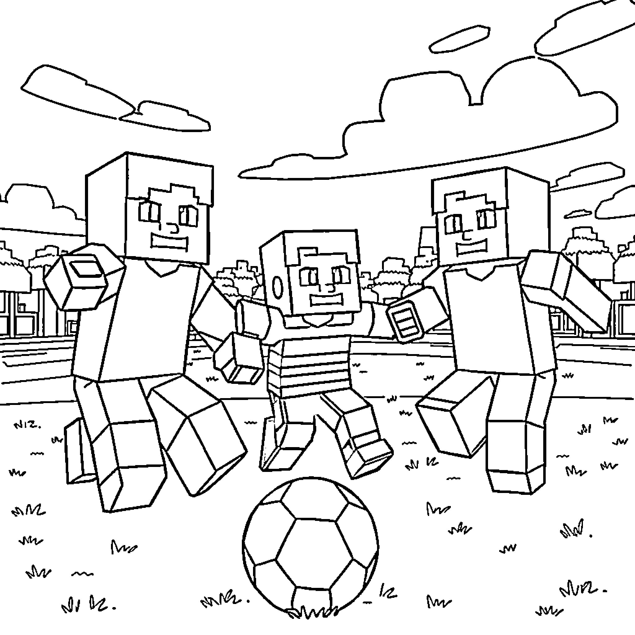 Minecraft characters playing soccer in a cityscape Coloring Page (free black-and-white line drawing printable PDF for all, from beginners to advanced learners, including children, teens, adults, and seniors)
