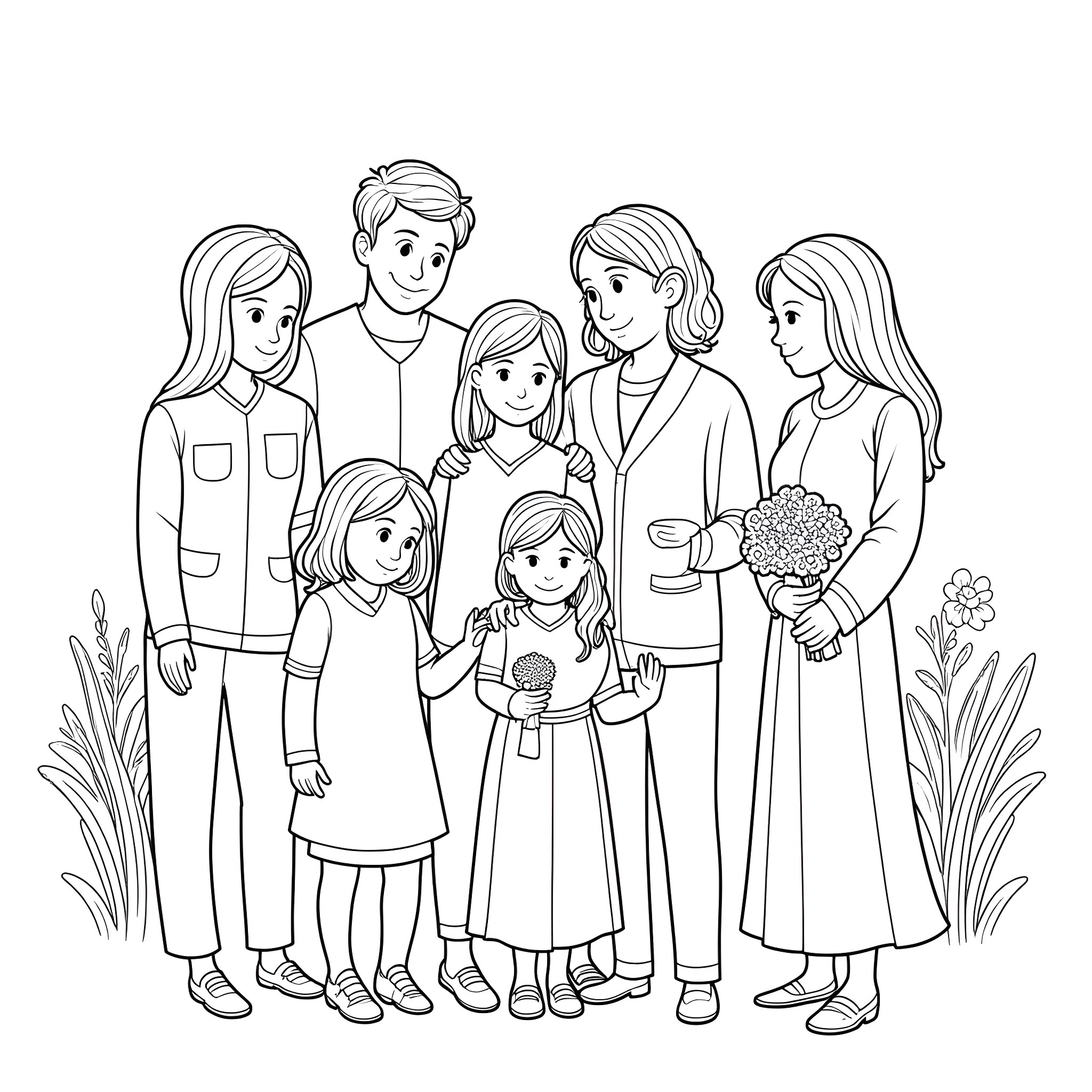 Family portrait with happy expressions Coloring Page (free black-and-white line drawing printable PDF for all, from beginners to advanced learners, including children, teens, adults, and seniors)