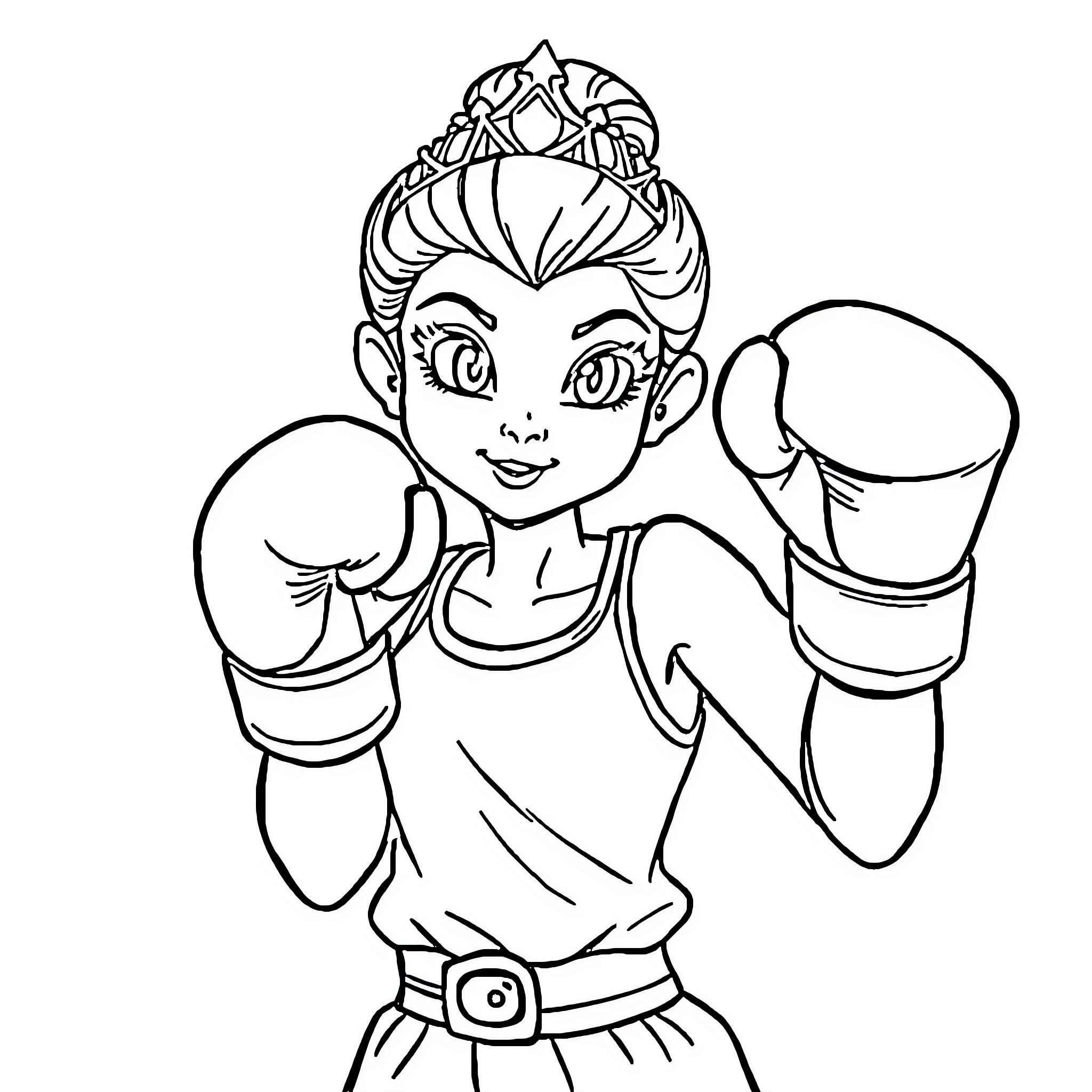 Princess boxing with determination and confidence Coloring Page (free black-and-white line drawing printable PDF for all, from beginners to advanced learners, including children, teens, adults, and seniors)