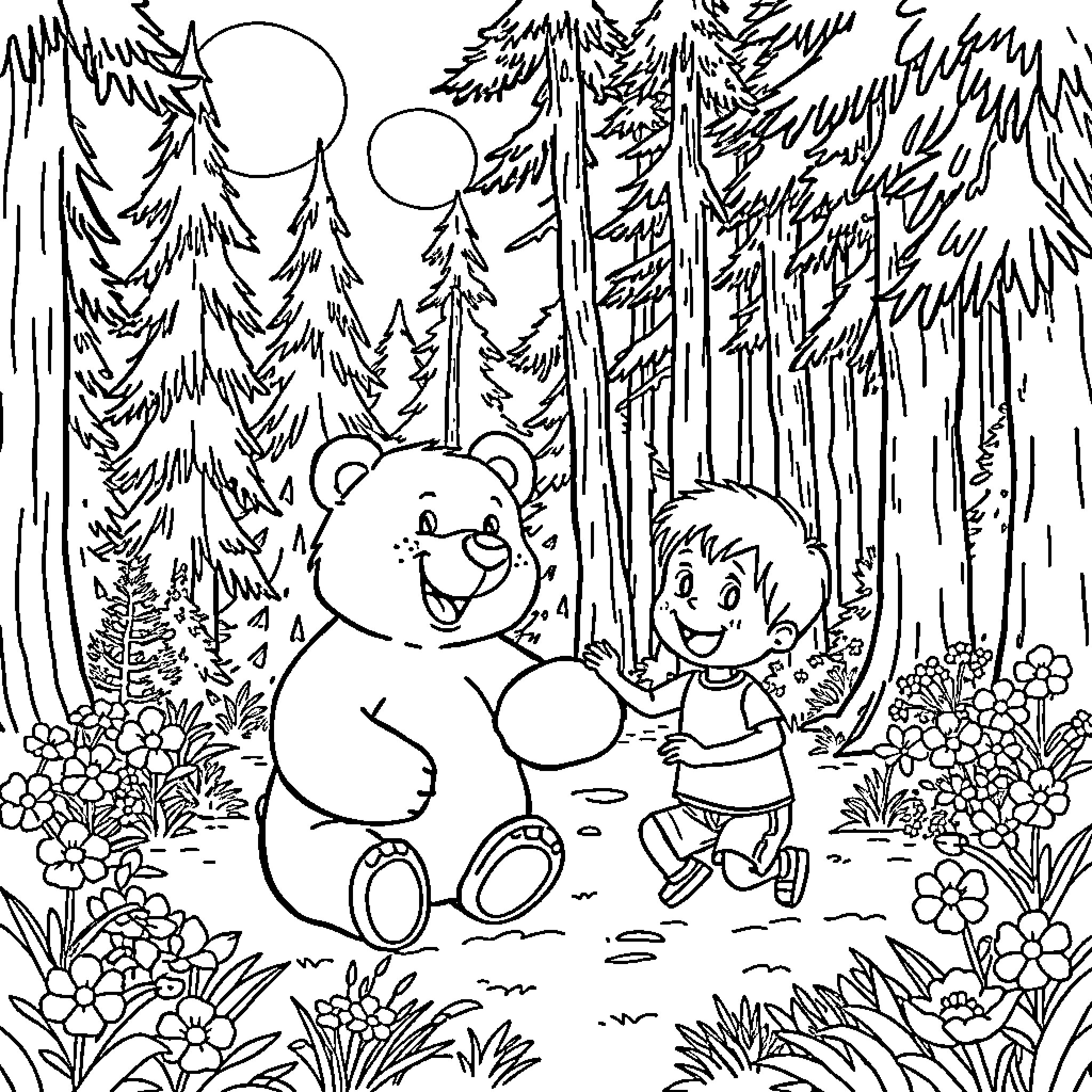 Bear and child playing in the forest Coloring Page (free black-and-white line drawing printable PDF for all, from beginners to advanced learners, including children, teens, adults, and seniors)