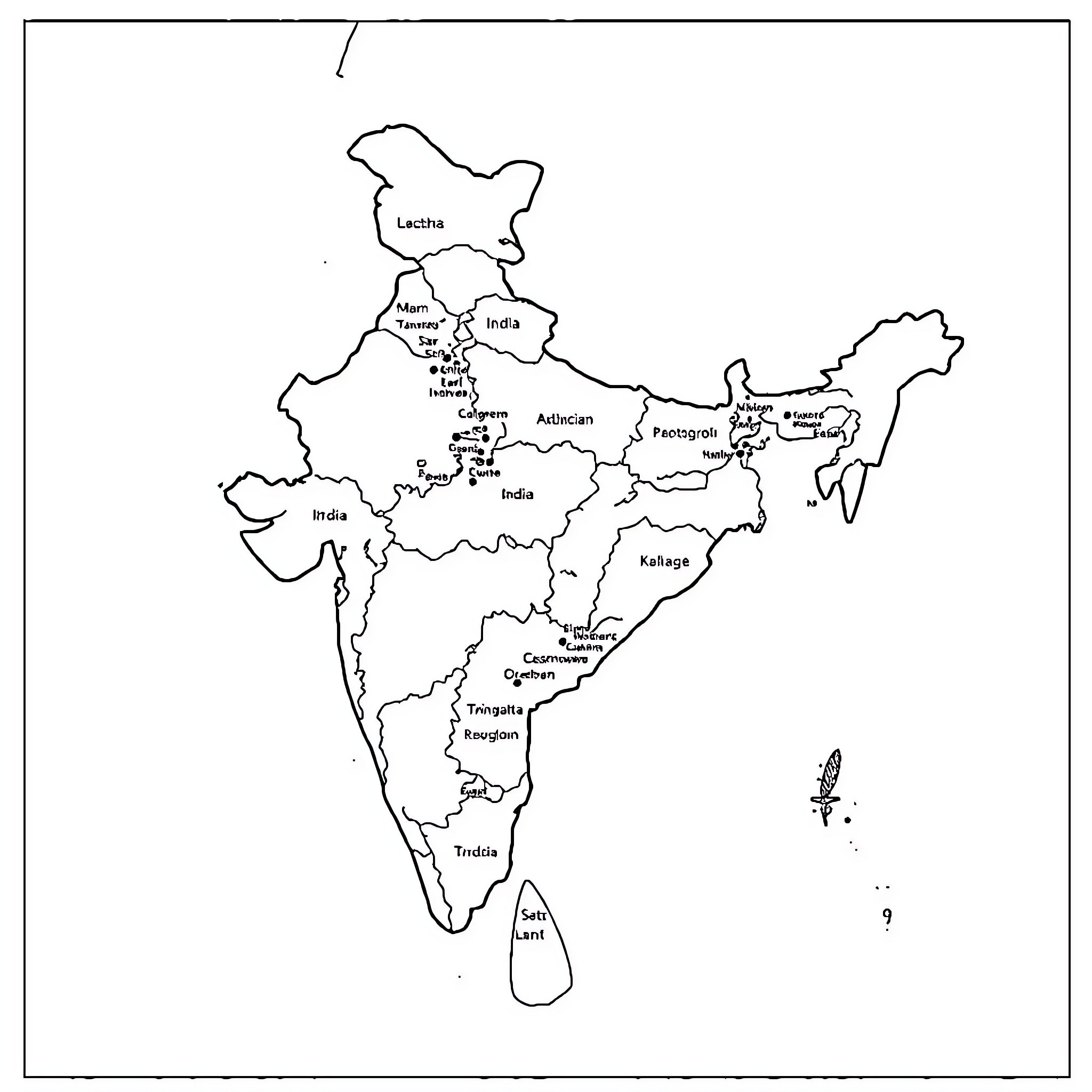 Map of major cities and states of India Coloring Page (free black-and-white line drawing printable PDF for all, from beginners to advanced learners, including children, teens, adults, and seniors)
