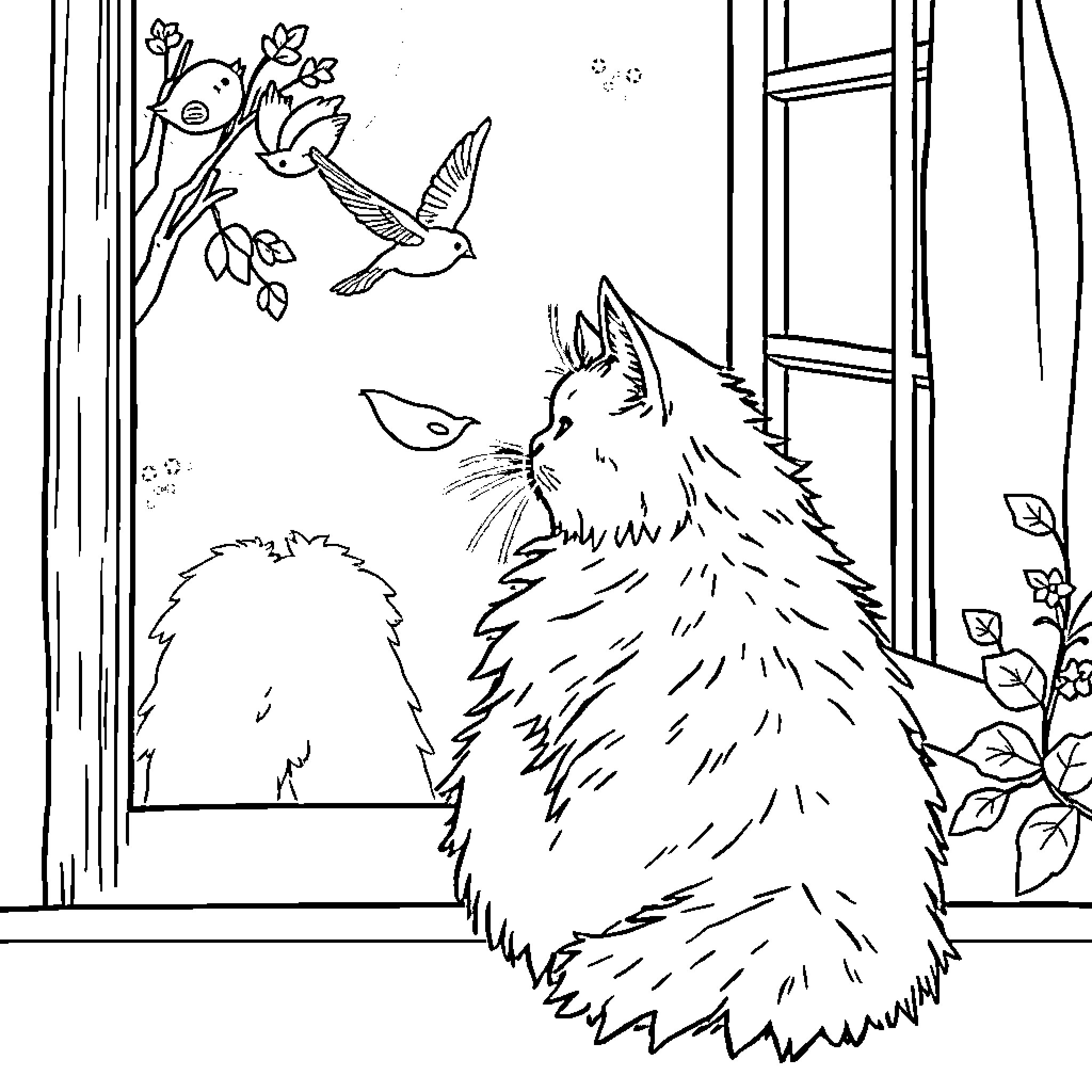 Cat watching birds through window Coloring Page (free black-and-white line drawing printable PDF for all, from beginners to advanced learners, including children, teens, adults, and seniors)