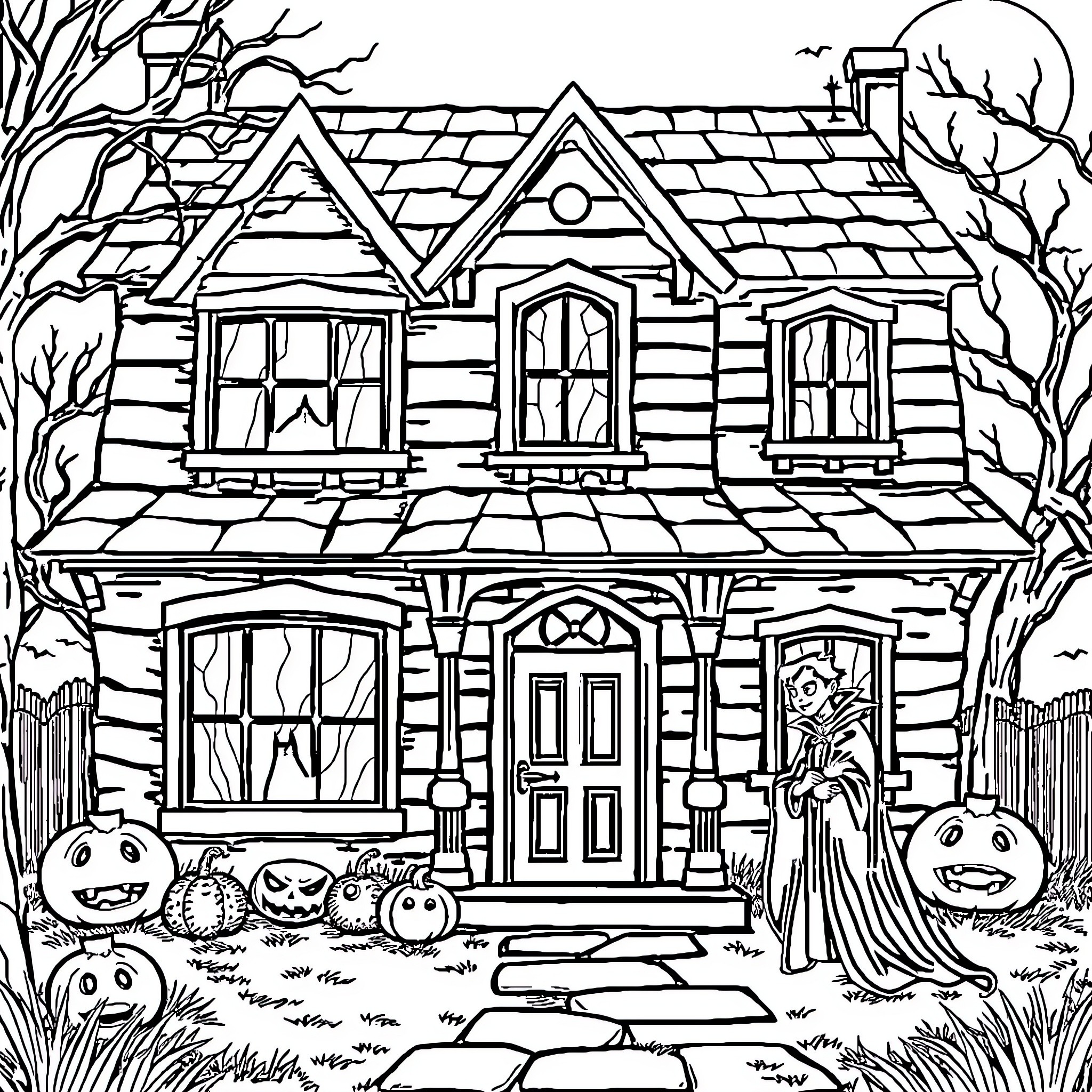 Haunted House with Ghostly Figures and Pumpkins Coloring Page (free black-and-white line drawing printable PDF for all, from beginners to advanced learners, including children, teens, adults, and seniors)