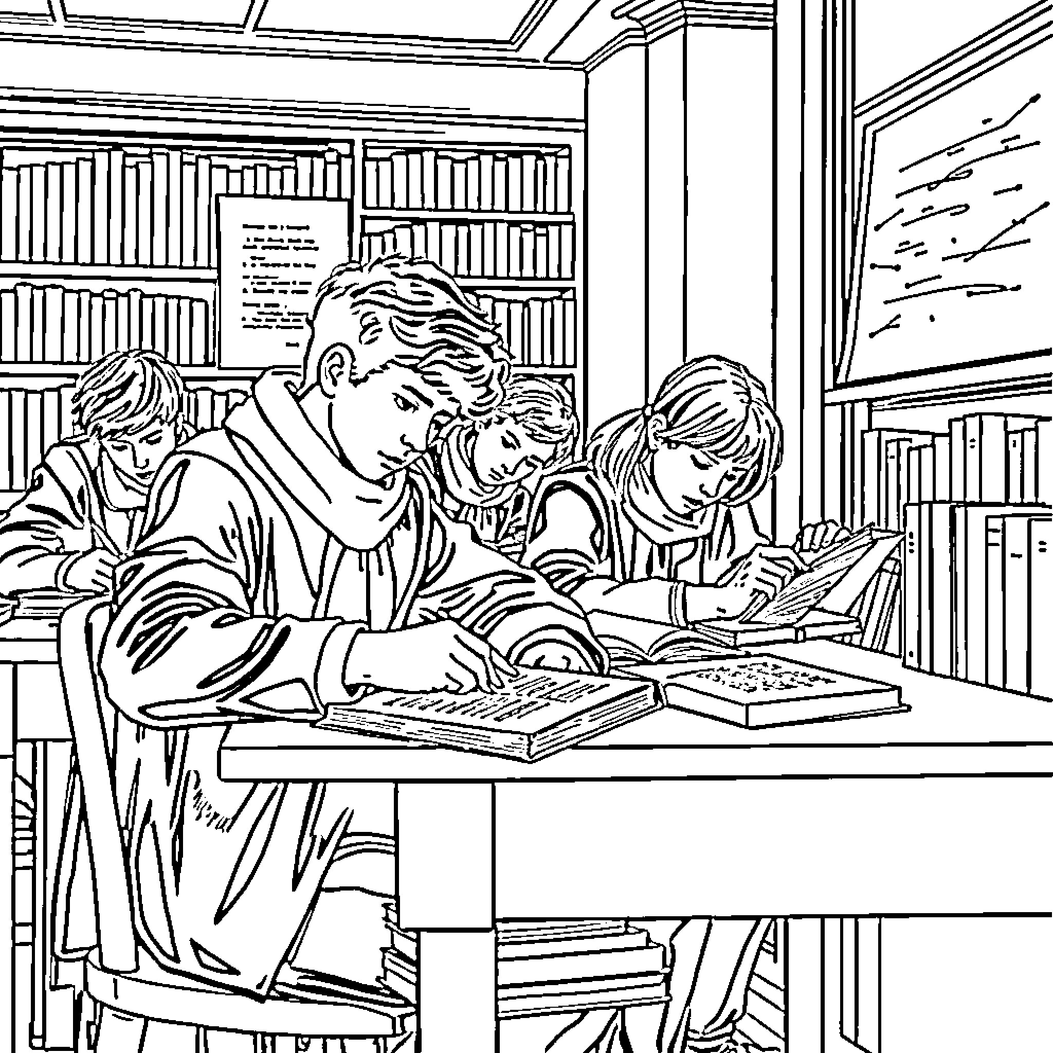 Élève étudiants sérieusement dans la bibliothèque Coloring Page (free black-and-white line drawing printable PDF for all, from beginners to advanced learners, including children, teens, adults, and seniors)