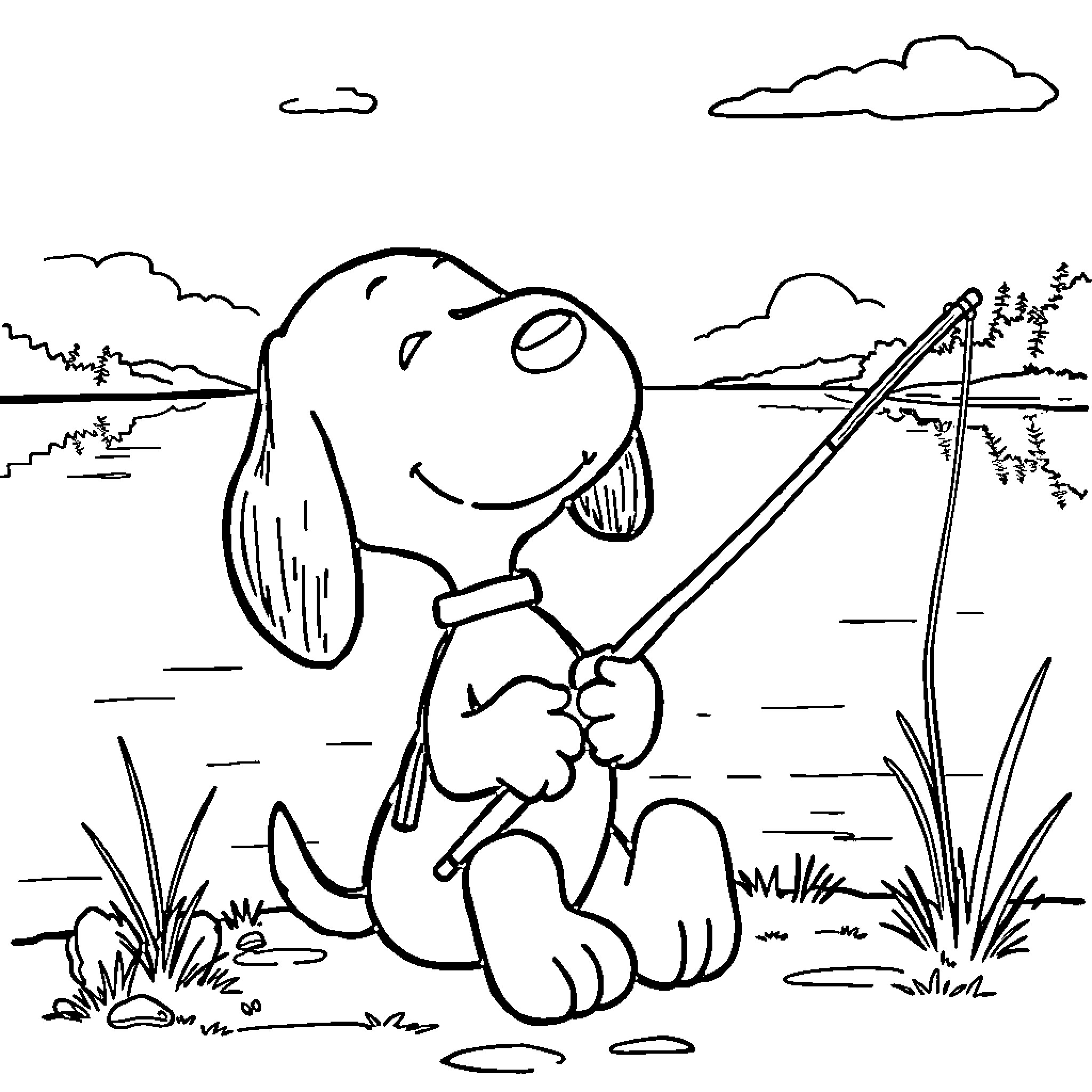 Snoopy enjoying a fishing adventure Coloring Page (free black-and-white line drawing printable PDF for all, from beginners to advanced learners, including children, teens, adults, and seniors)