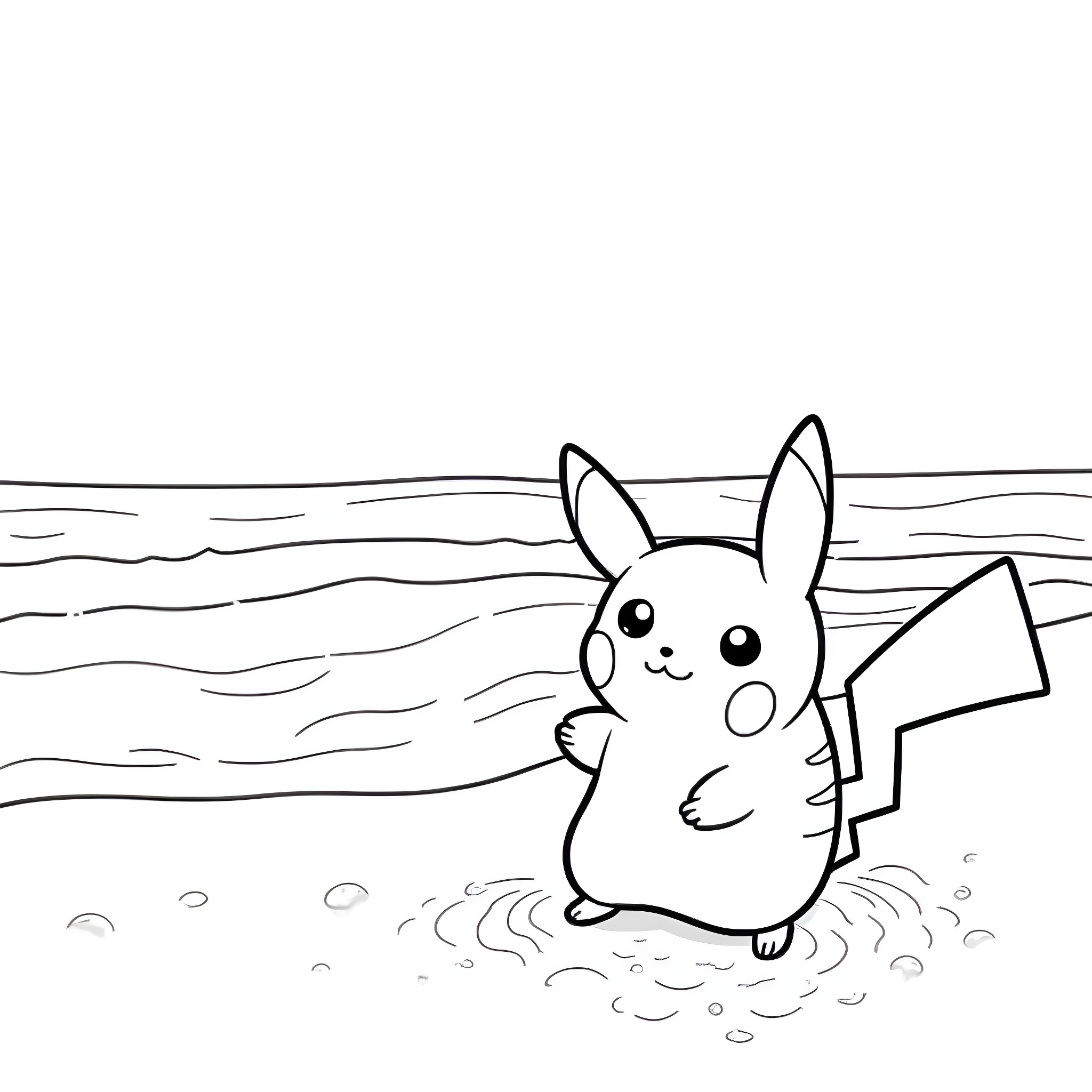 Pikachu playing happily on the beach Coloring Page (free black-and-white line drawing printable PDF for all, from beginners to advanced learners, including children, teens, adults, and seniors)