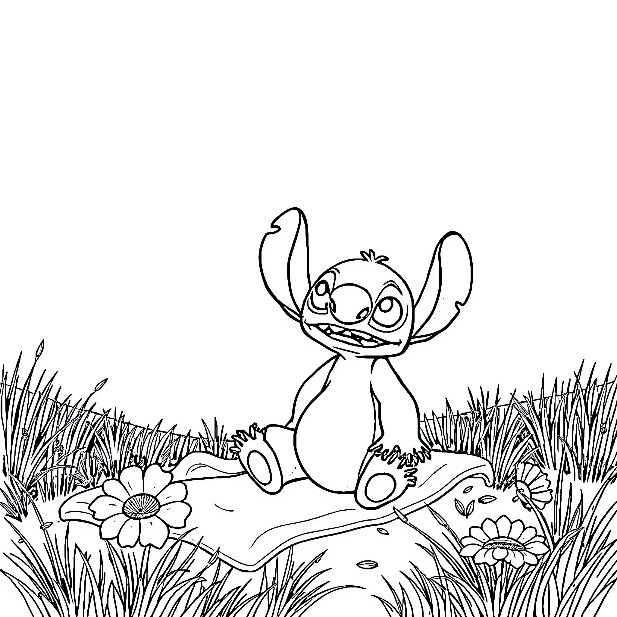 Stitch playing in the garden Coloring Page (free black-and-white line drawing printable PDF for all, from beginners to advanced learners, including children, teens, adults, and seniors)