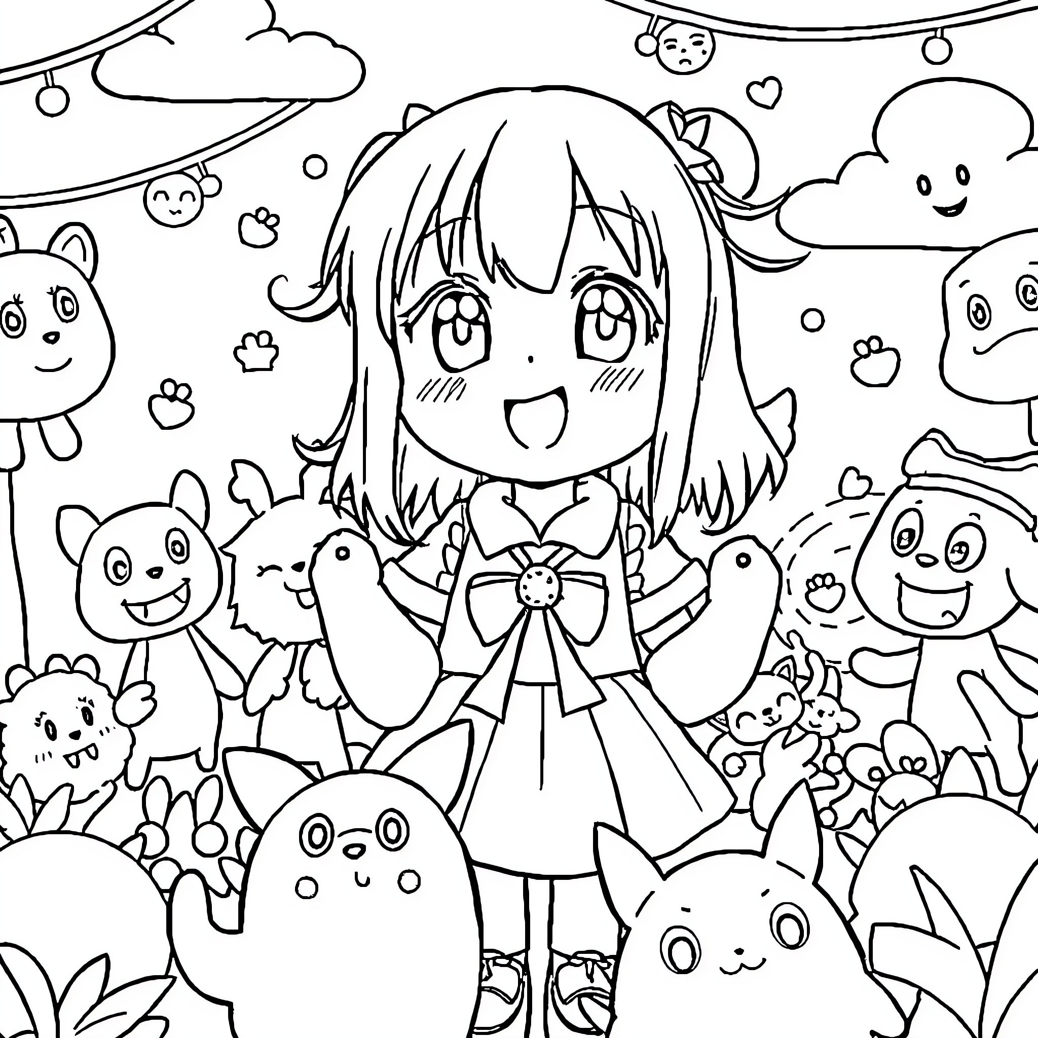 Kuromi's Cheerful Gathering with Cute Creatures Coloring Page (free black-and-white line drawing printable PDF for all, from beginners to advanced learners, including children, teens, adults, and seniors)