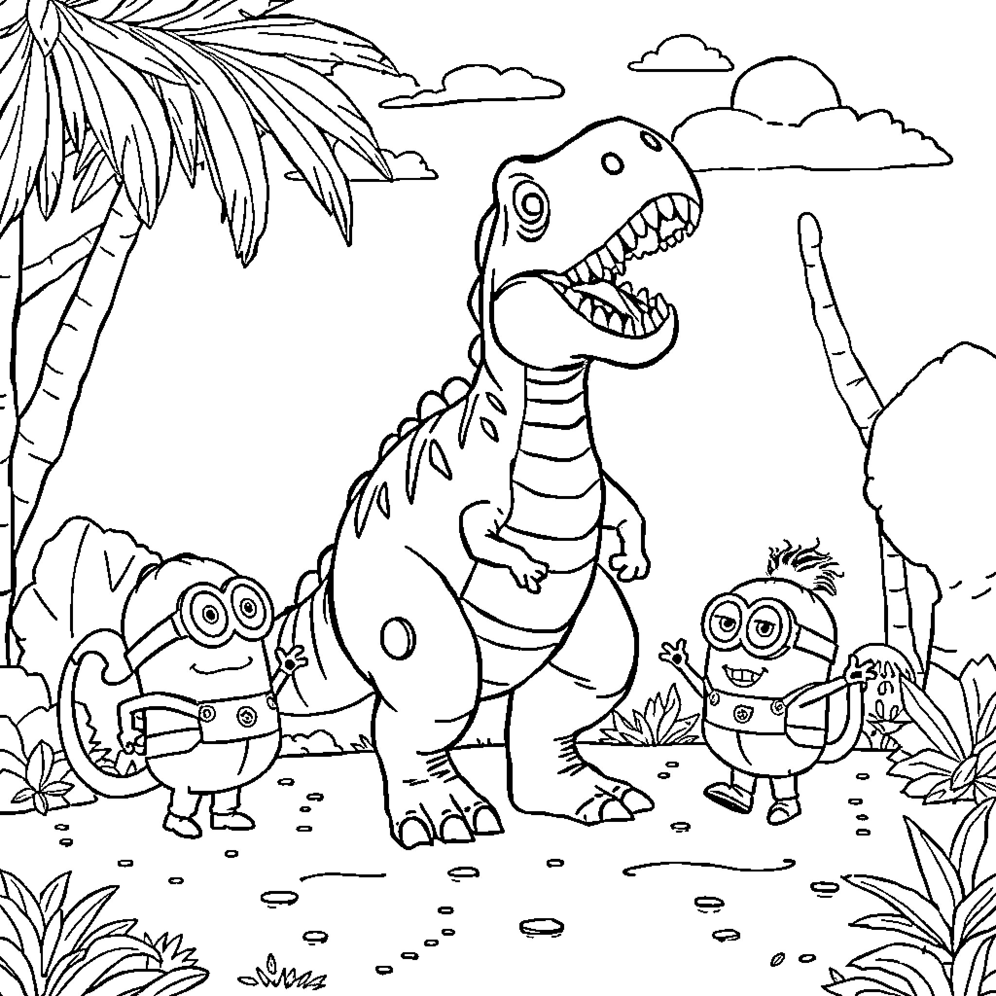 Dinosaur and cartoon characters in tropical landscape Coloring Page (free black-and-white line drawing printable PDF for all, from beginners to advanced learners, including children, teens, adults, and seniors)