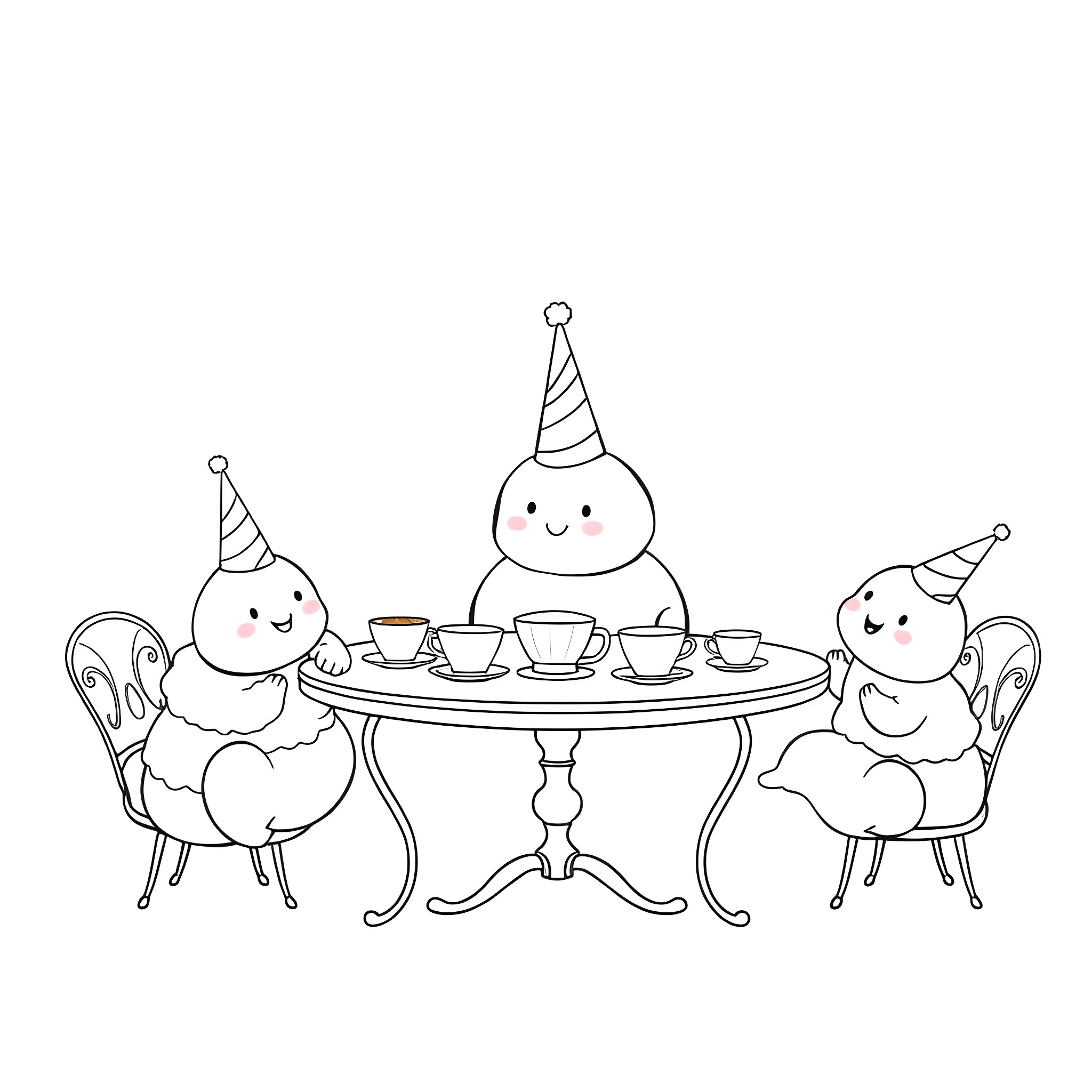 Caterpillar friends enjoying a tea party Coloring Page (free black-and-white line drawing printable PDF for all, from beginners to advanced learners, including children, teens, adults, and seniors)
