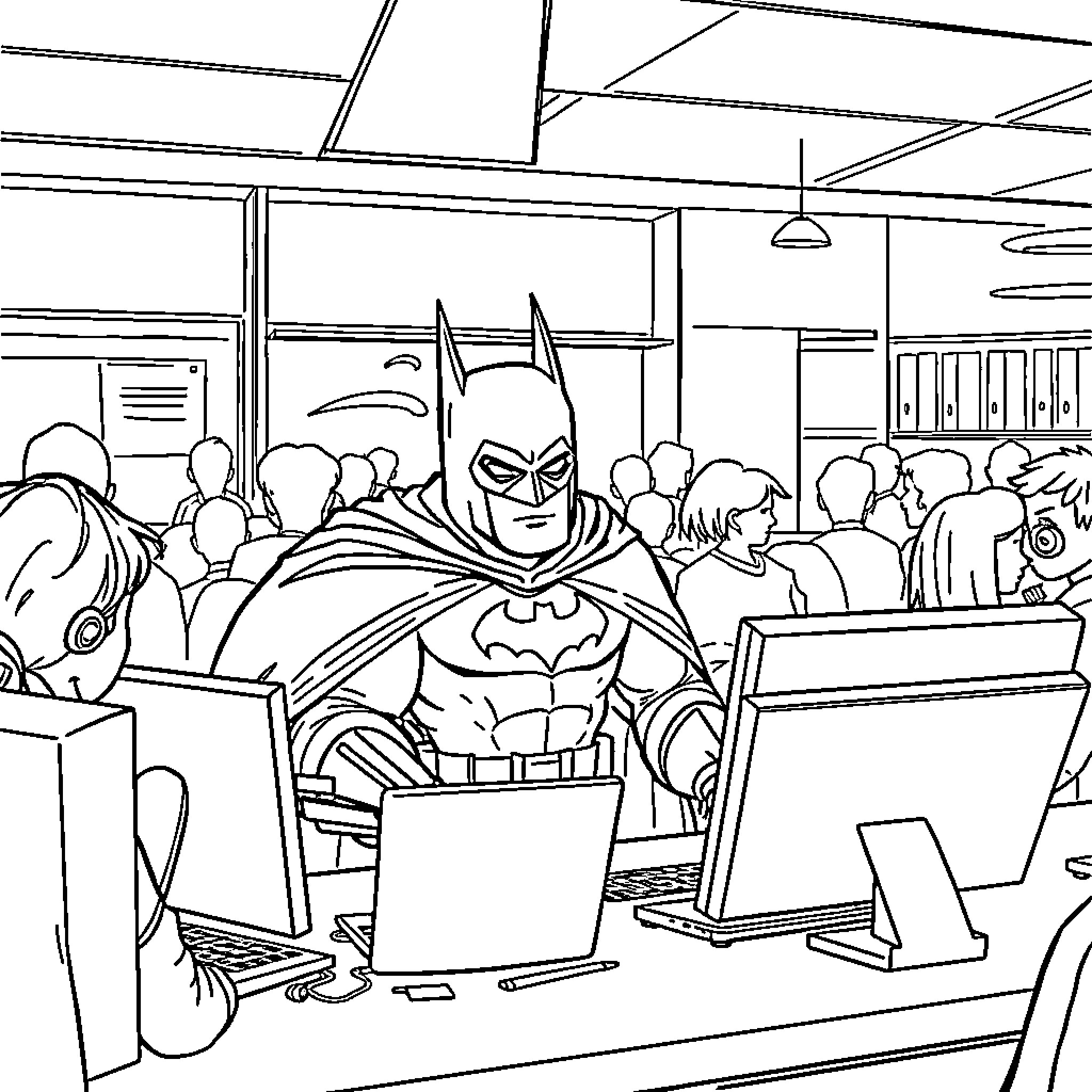Batman Surveying a Busy Office Scene Coloring Page (free black-and-white line drawing printable PDF for all, from beginners to advanced learners, including children, teens, adults, and seniors)