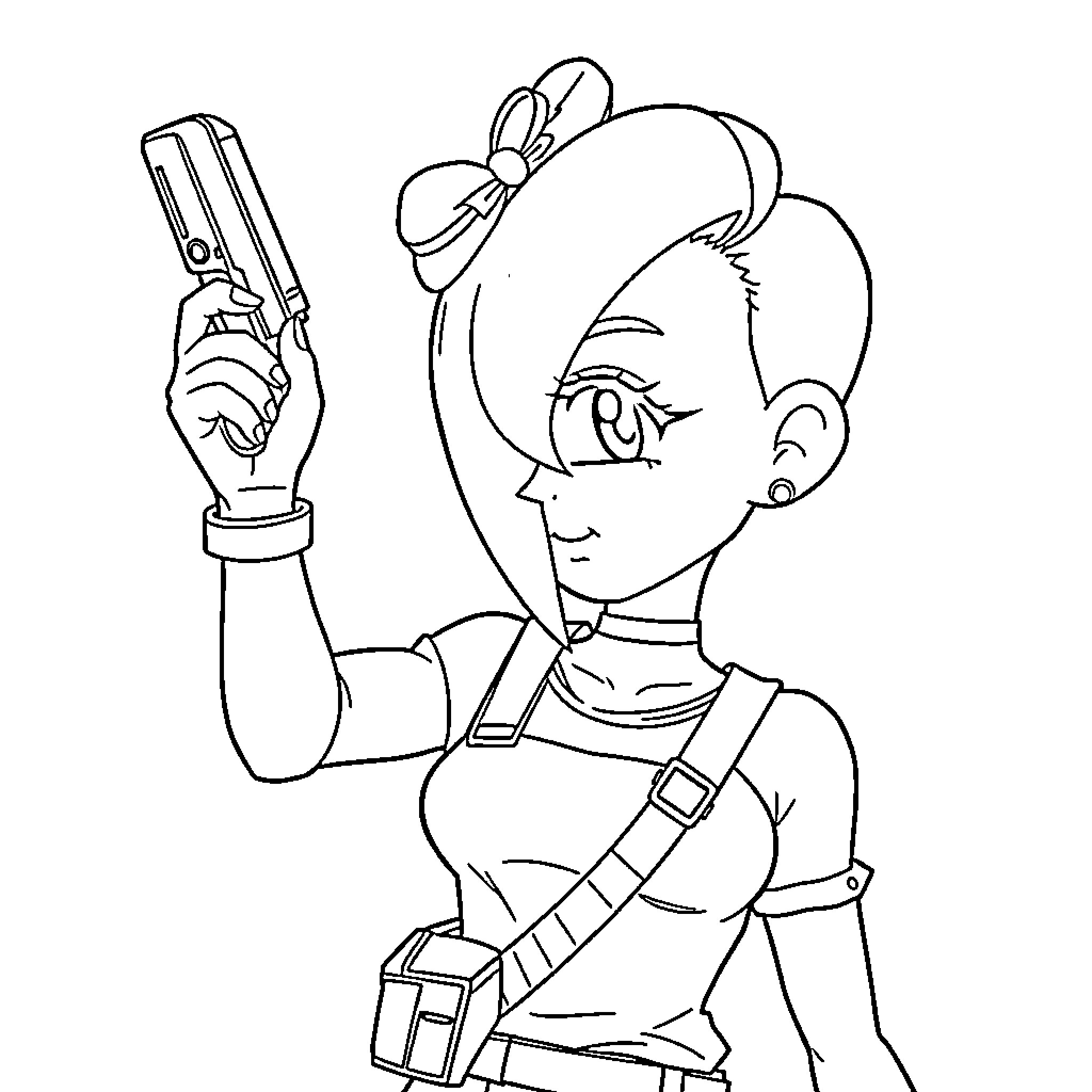 Bulma Brandishing Firearm in Defiant Pose Coloring Page (free black-and-white line drawing printable PDF for all, from beginners to advanced learners, including children, teens, adults, and seniors)