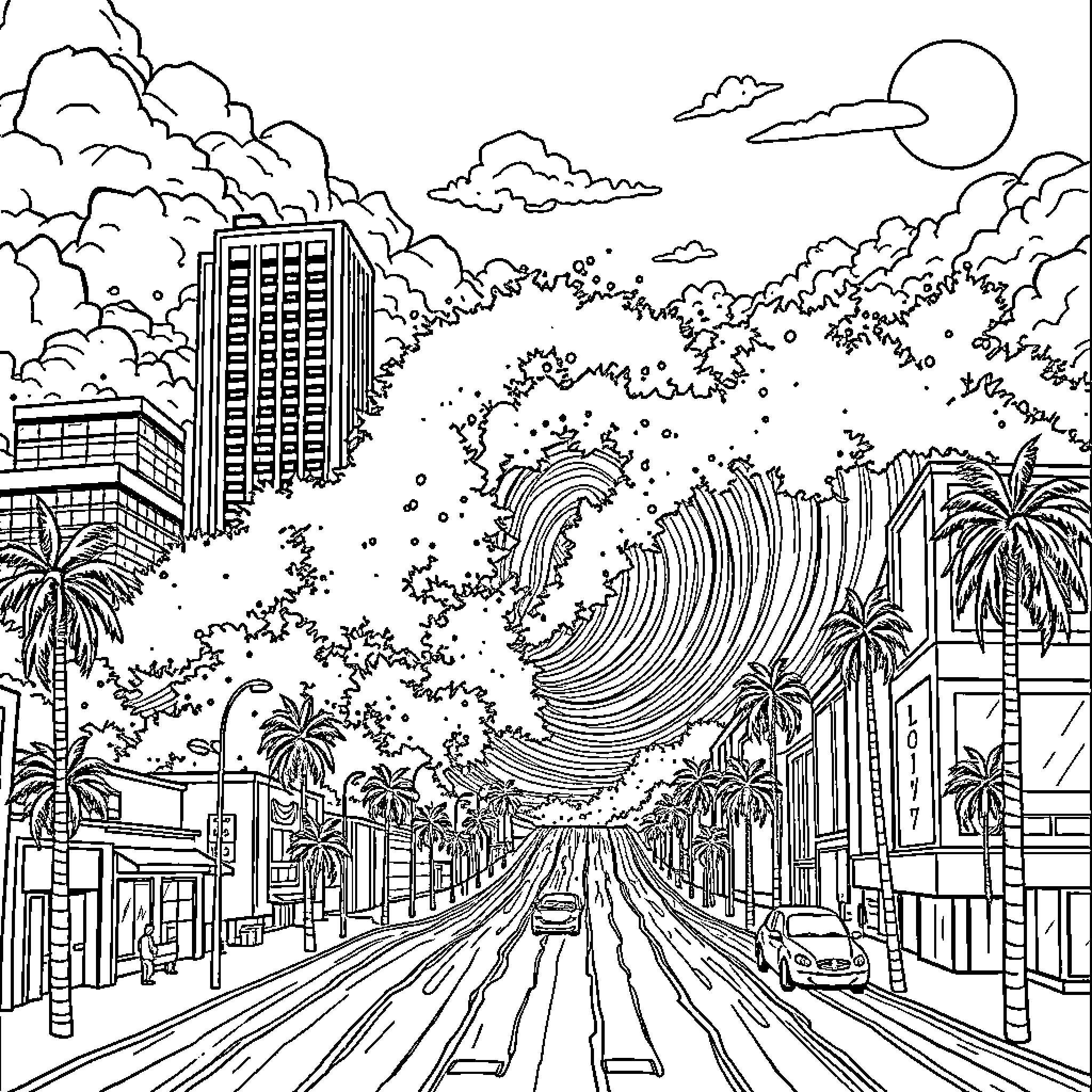 Tsunami engulfs city street with towering waves Coloring Page (free black-and-white line drawing printable PDF for all, from beginners to advanced learners, including children, teens, adults, and seniors)