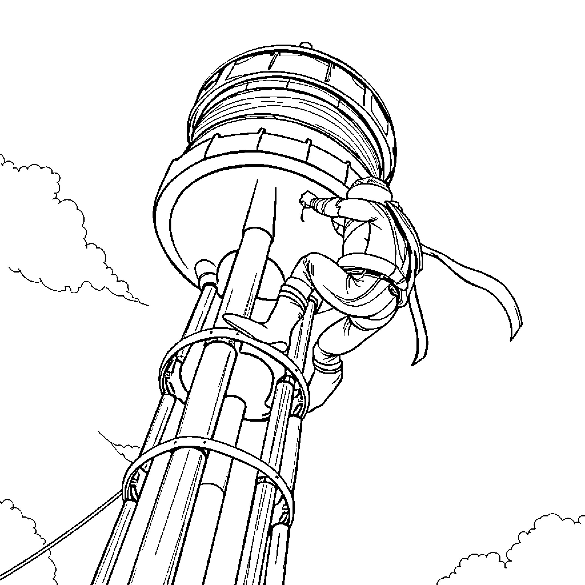 Ninja Turtle scaling a tall tower with determination Coloring Page (free black-and-white line drawing printable PDF for all, from beginners to advanced learners, including children, teens, adults, and seniors)