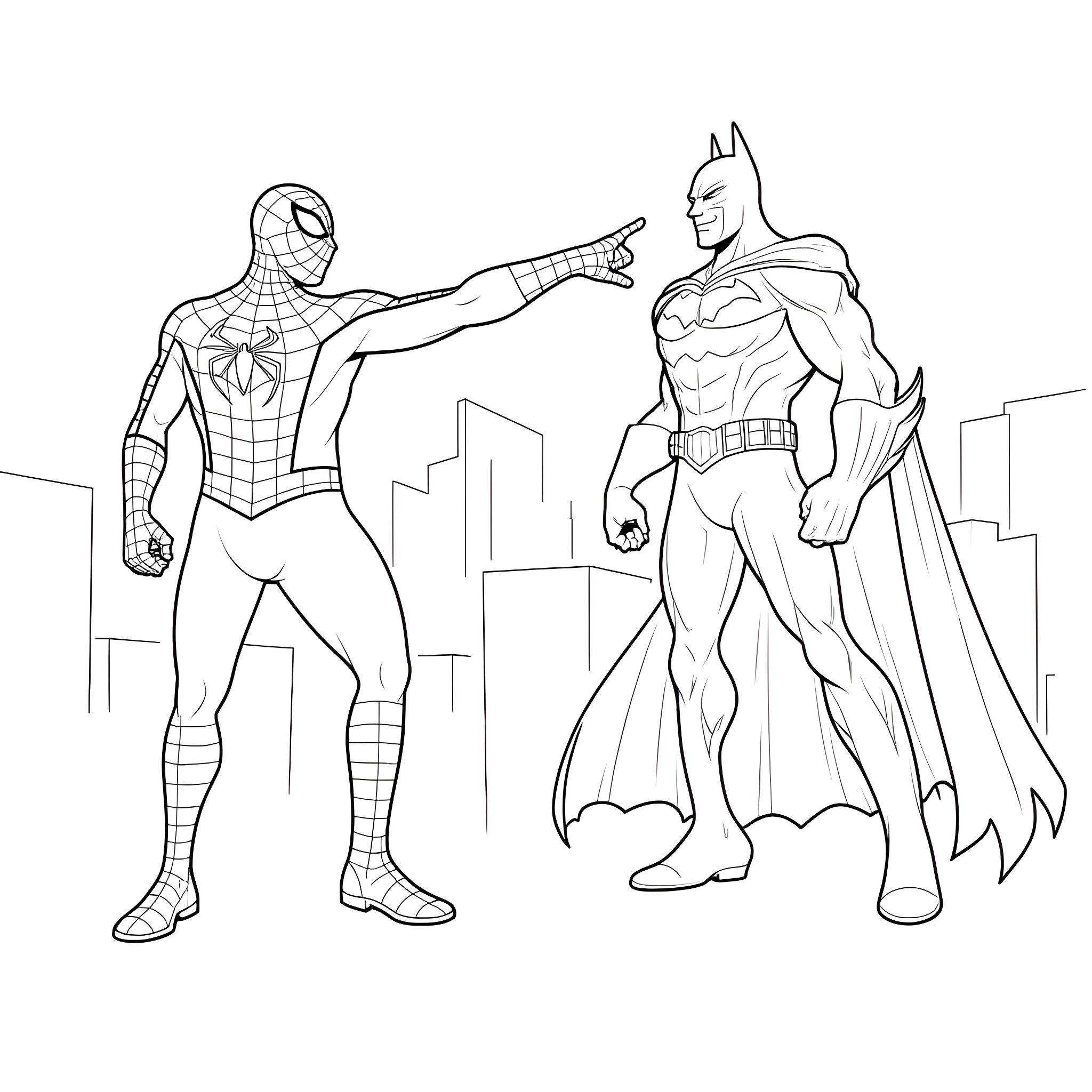 Spider-Man confronting Batman in the city Coloring Page (free black-and-white line drawing printable PDF for all, from beginners to advanced learners, including children, teens, adults, and seniors)