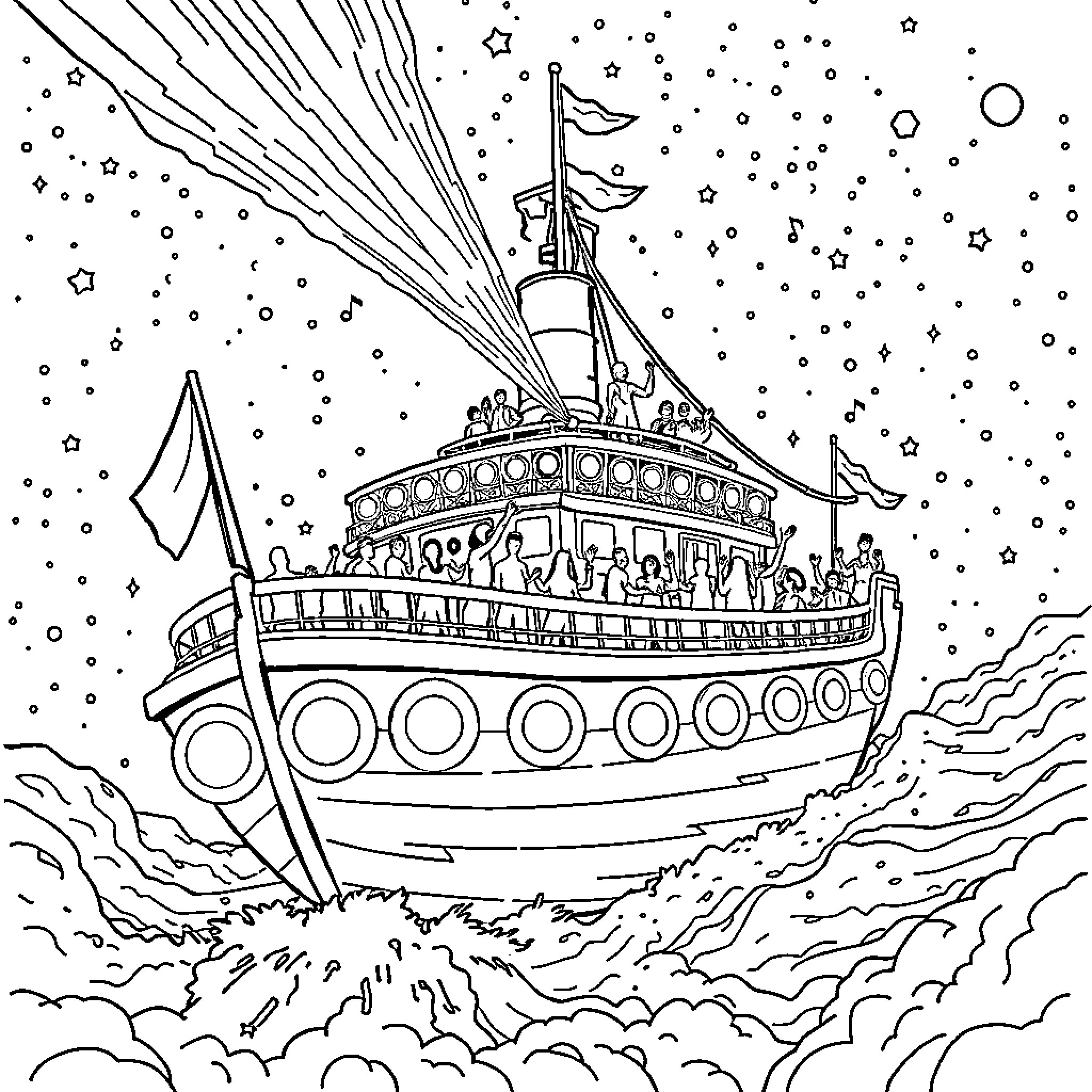 Party Ship Celebrating Amidst Starry Skies Coloring Page (free black-and-white line drawing printable PDF for all, from beginners to advanced learners, including children, teens, adults, and seniors)