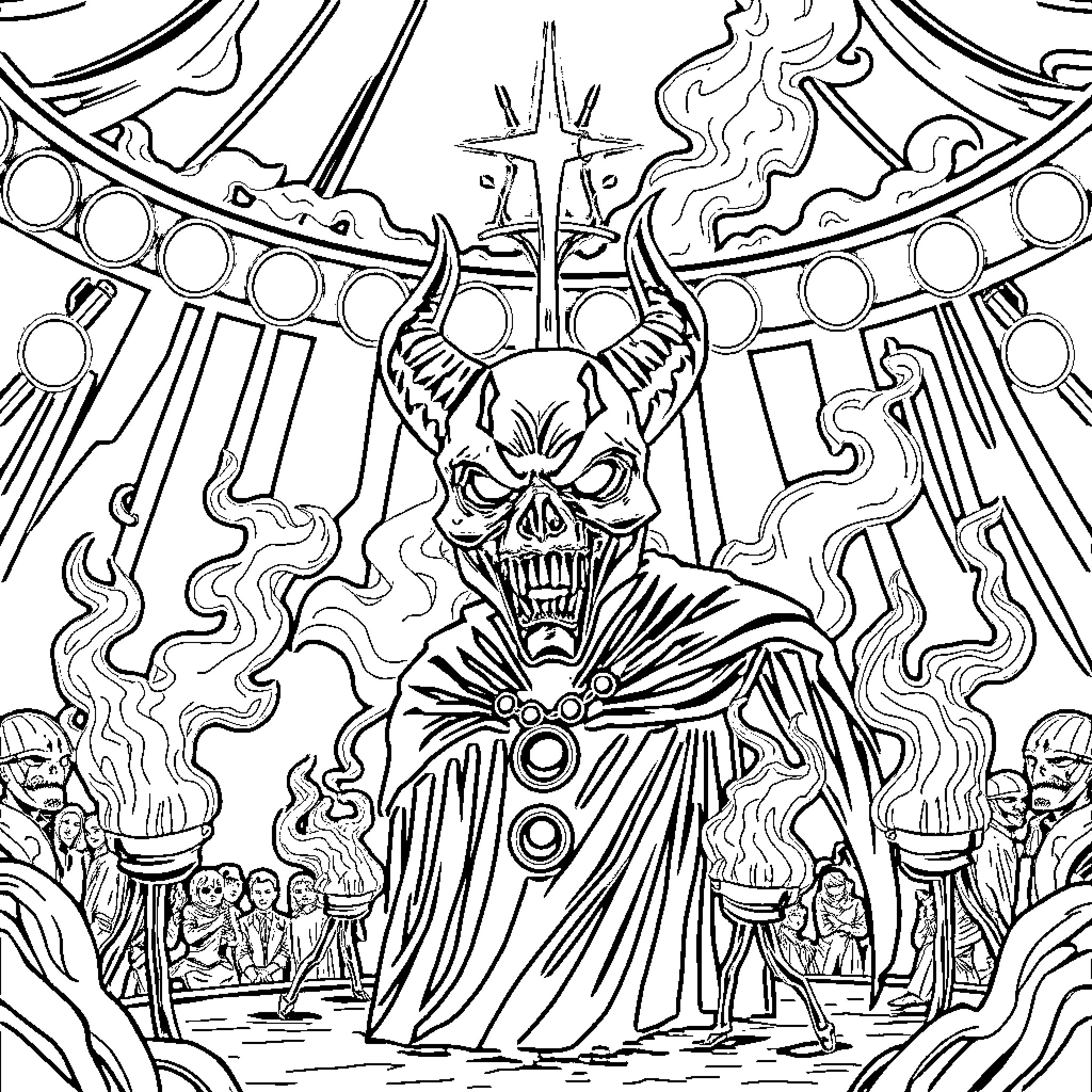 Palhaço - Demonic Circus Performance Coloring Page (free black-and-white line drawing printable PDF for all, from beginners to advanced learners, including children, teens, adults, and seniors)