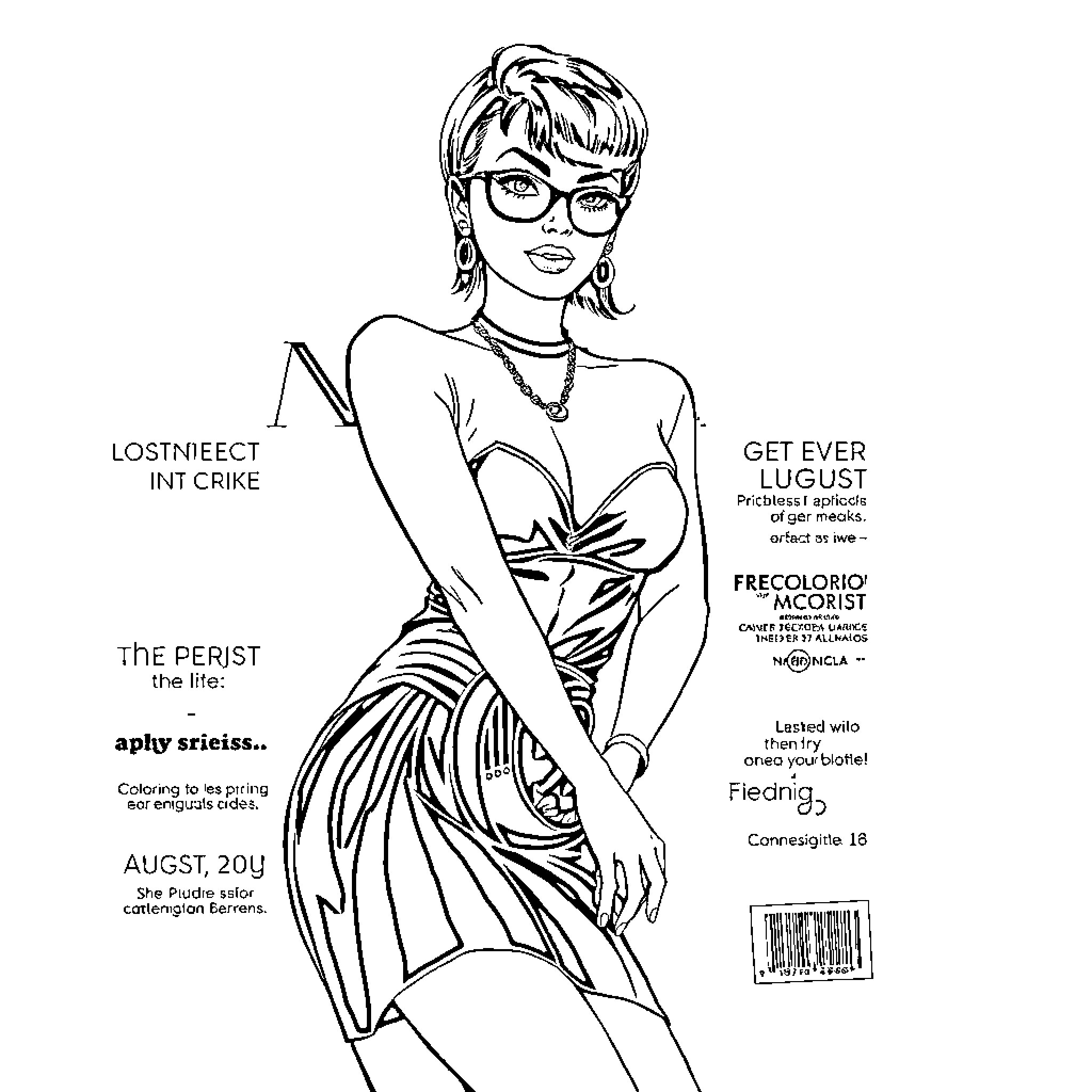 Betty's Confident Pose with Intriguing Text Coloring Page (free black-and-white line drawing printable PDF for all, from beginners to advanced learners, including children, teens, adults, and seniors)